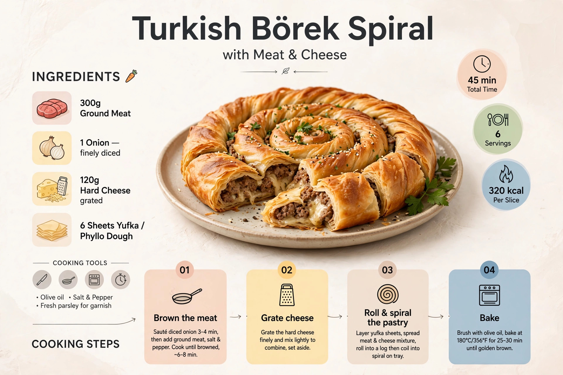 Recipe infographic: Turkish Borek Spiral with Meat and Cheese — ingredients and step-by-step visual guide