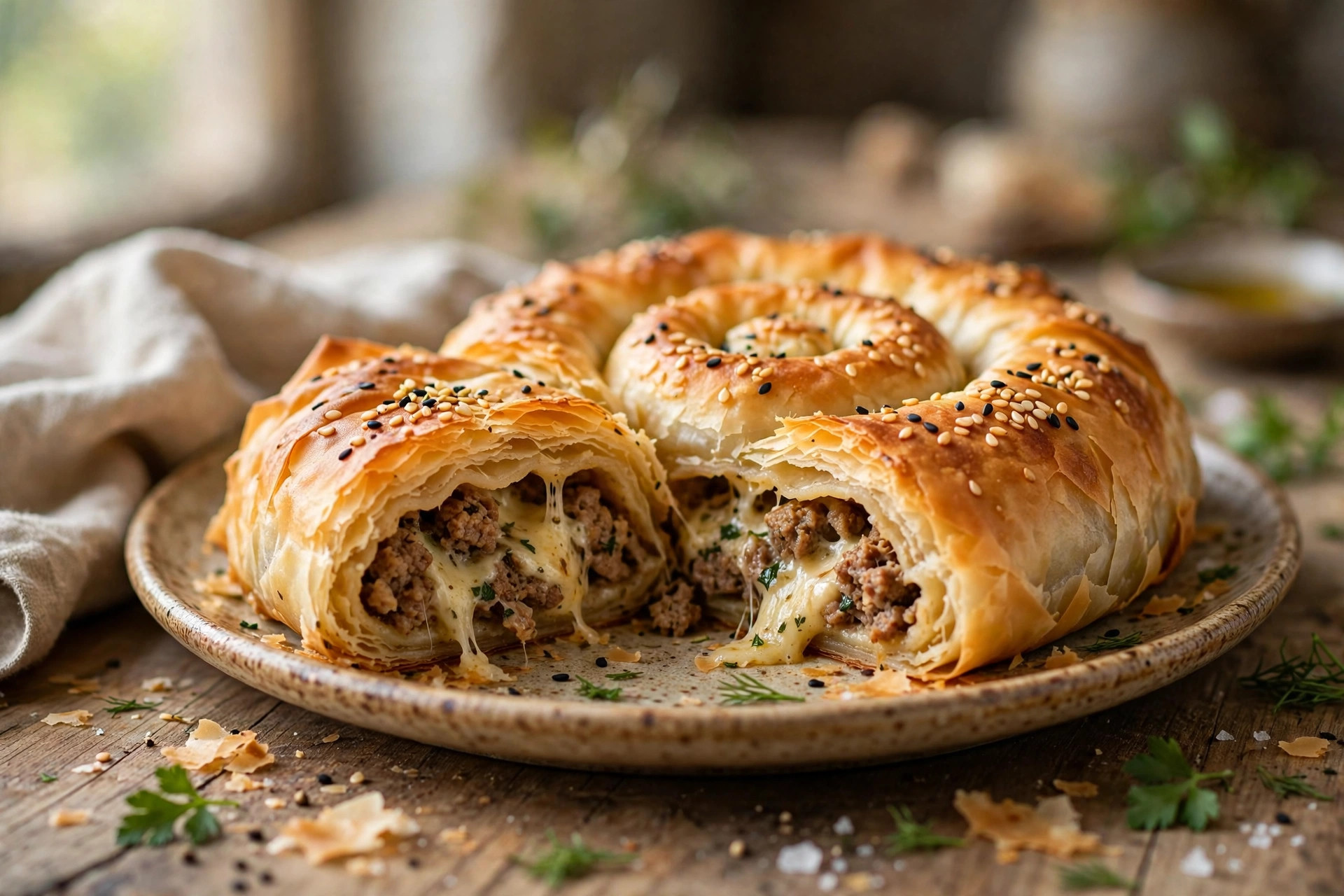 Golden baked Turkish borek spiral with meat and cheese, sliced to show the savory filling