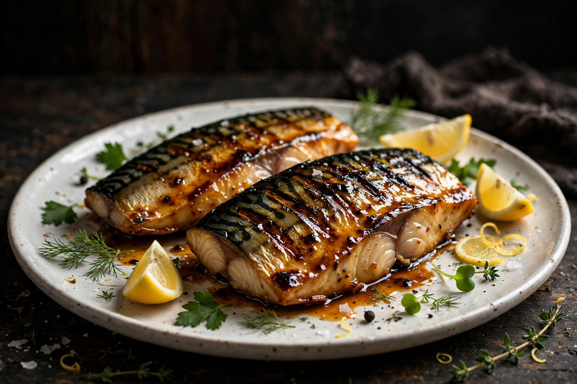 Grilled mackerel fillets with charred edges, glazed with mustard-soy marinade