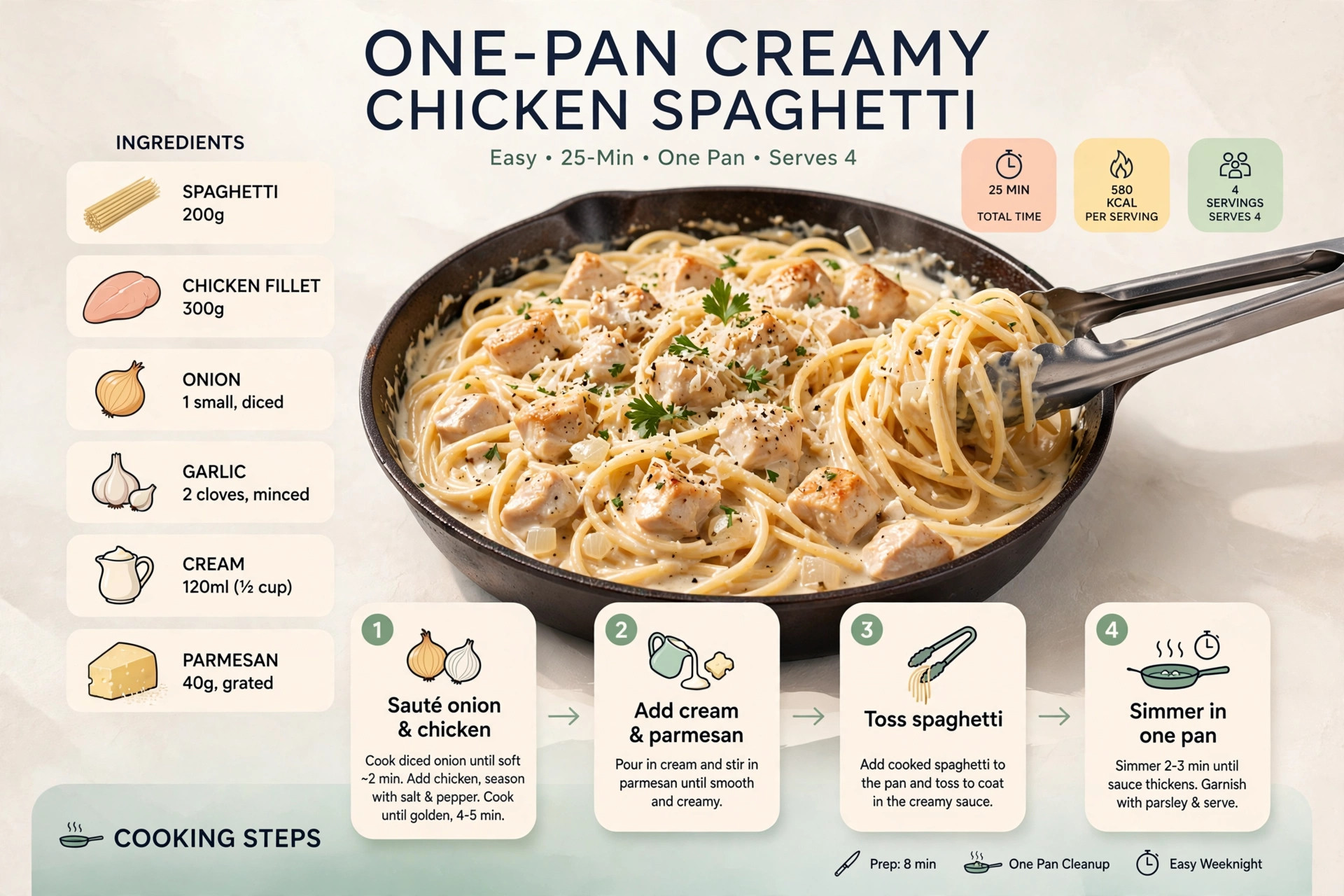 Recipe infographic: One-Pan Creamy Chicken Spaghetti — ingredients and step-by-step visual guide