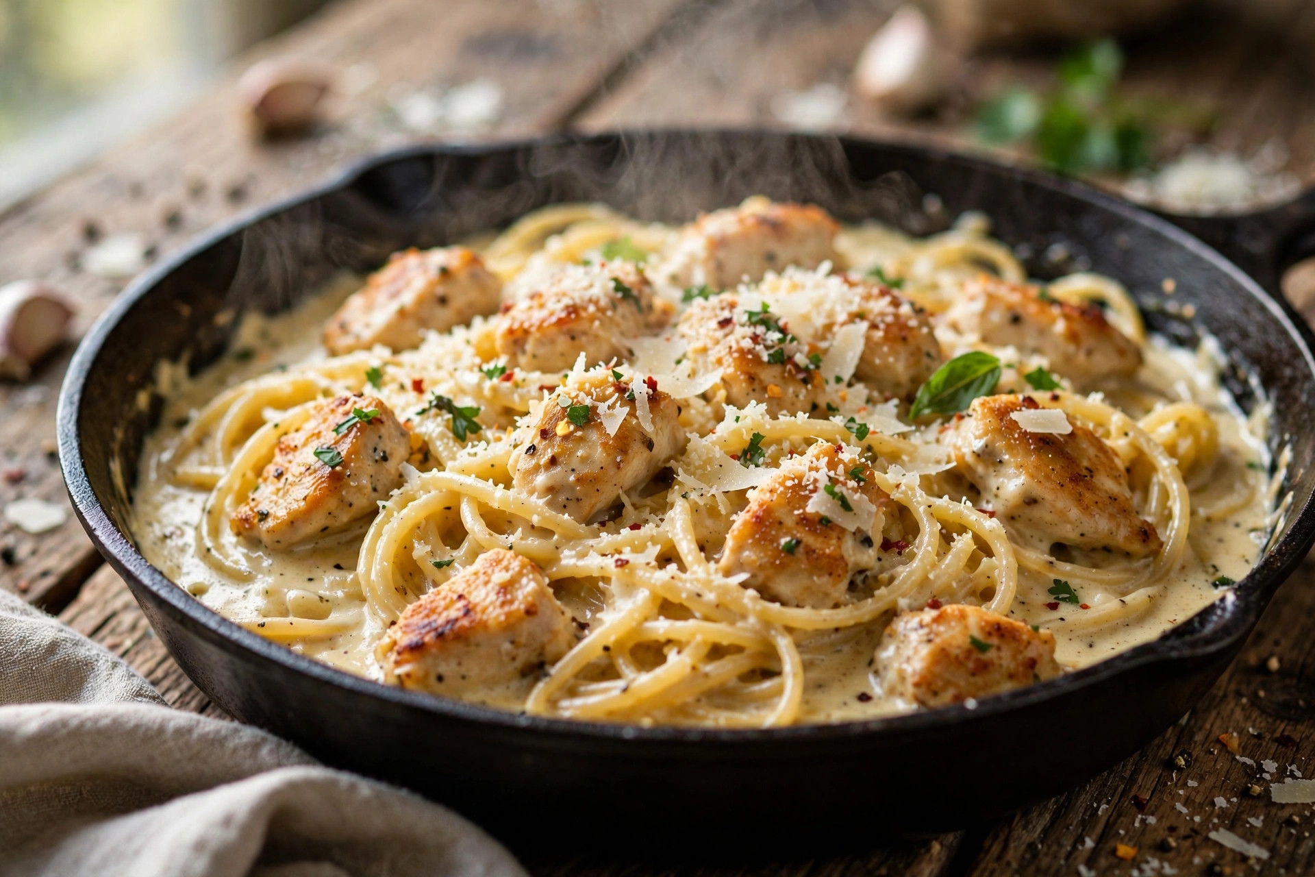 Creamy one-pan chicken spaghetti with melted cheese, cherry tomatoes and fresh herbs