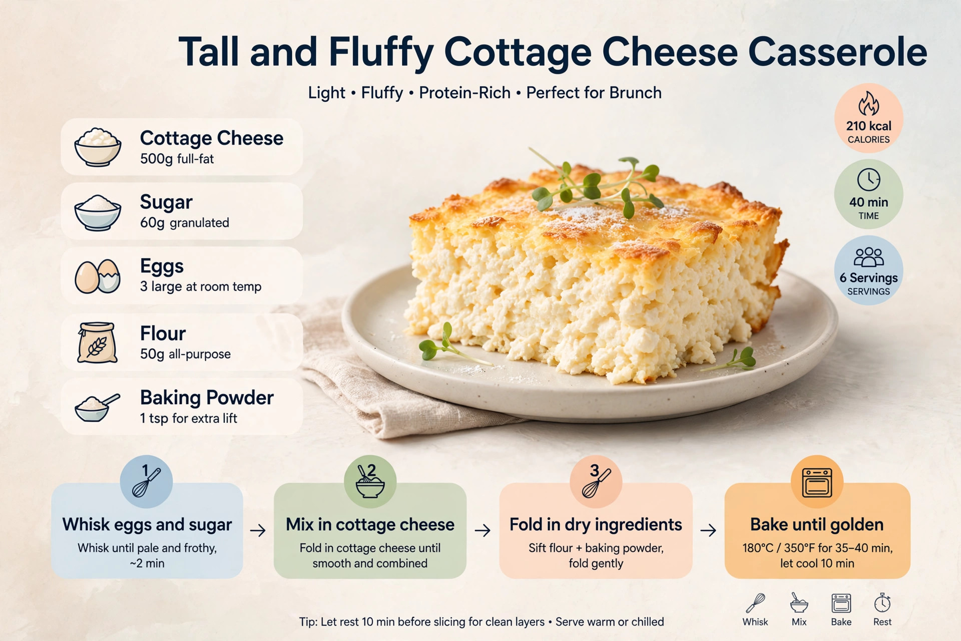 Recipe infographic: Tall and Fluffy Cottage Cheese Casserole — ingredients and step-by-step visual guide