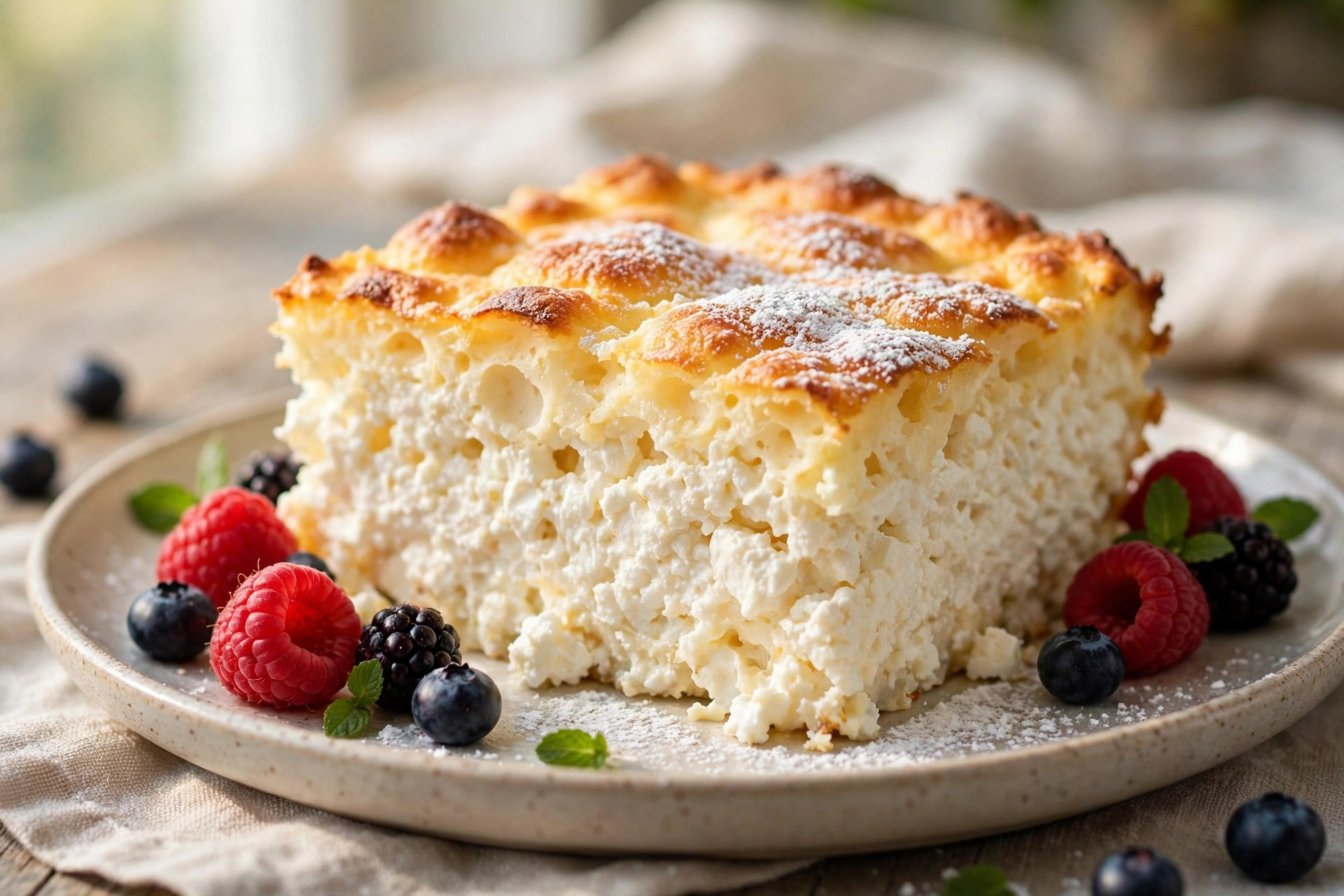 Tall and fluffy baked cottage cheese casserole with a golden top, served in slices