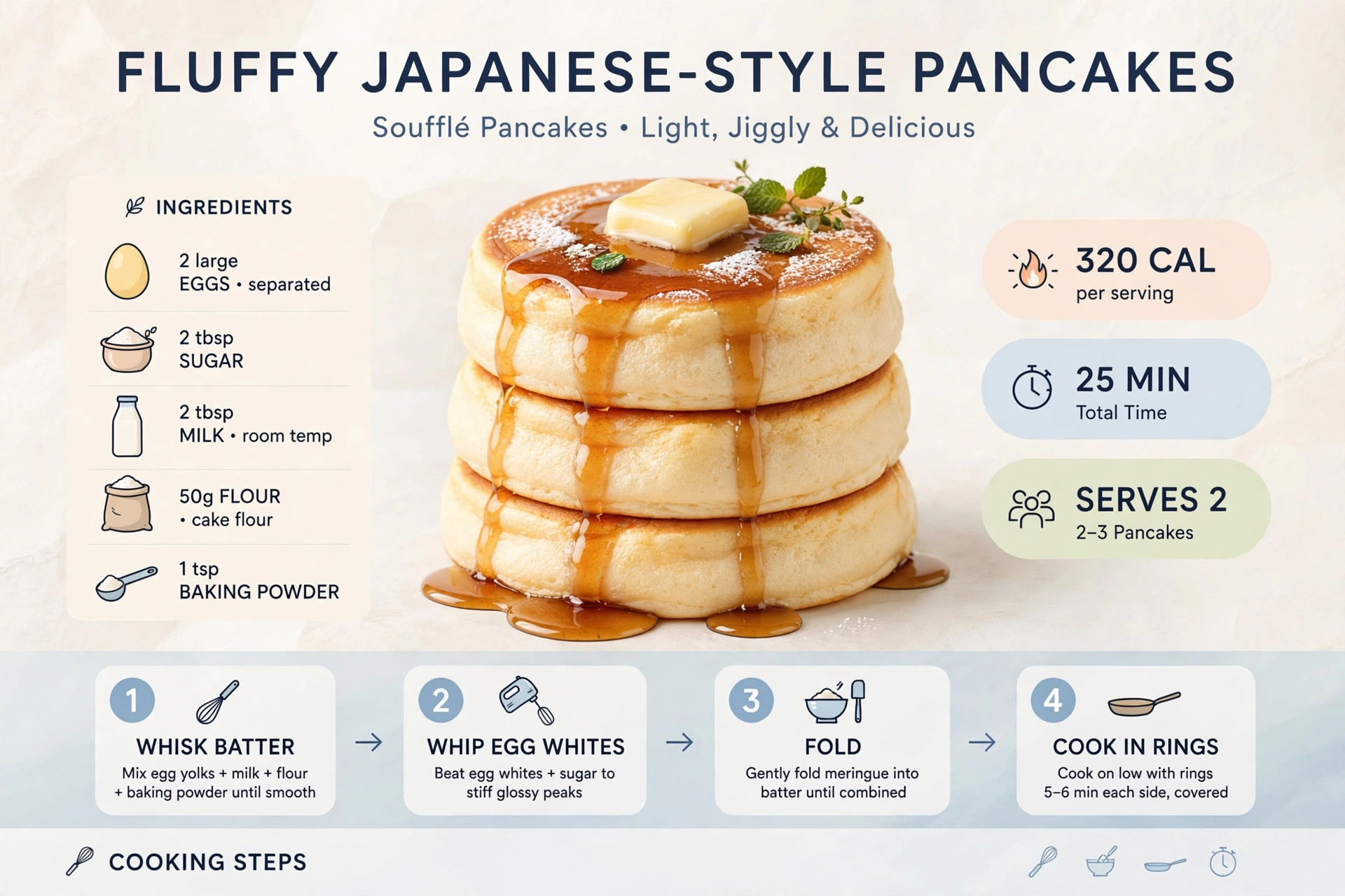 Recipe infographic: Fluffy Japanese-Style Pancakes — ingredients and step-by-step visual guide
