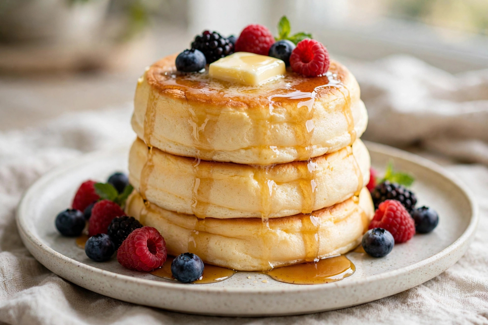 Stack of thick fluffy Japanese-style pancakes with golden tops