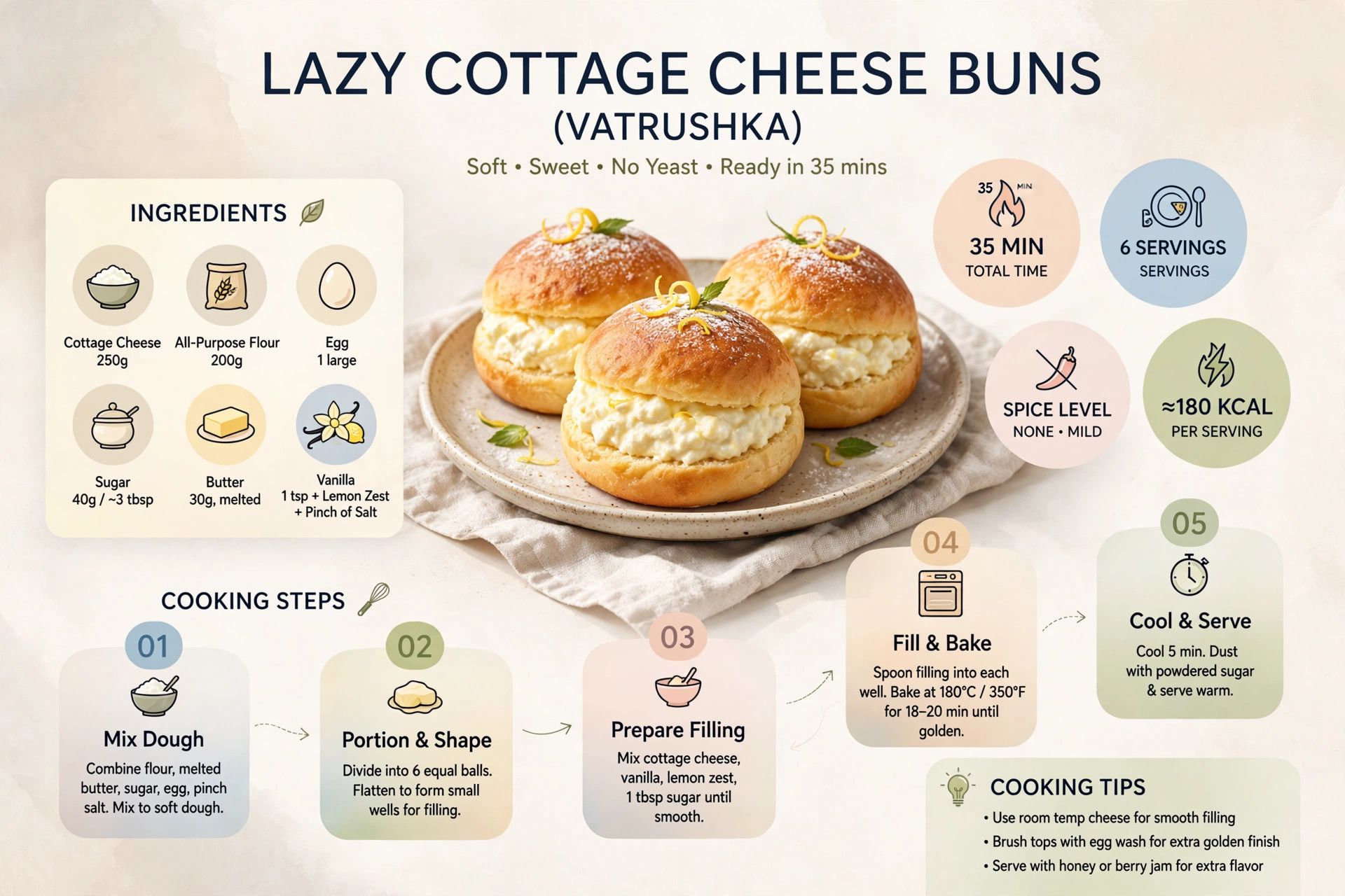 Recipe infographic: Lazy Cottage Cheese Buns (Vatrushka) — ingredients and step-by-step visual guide