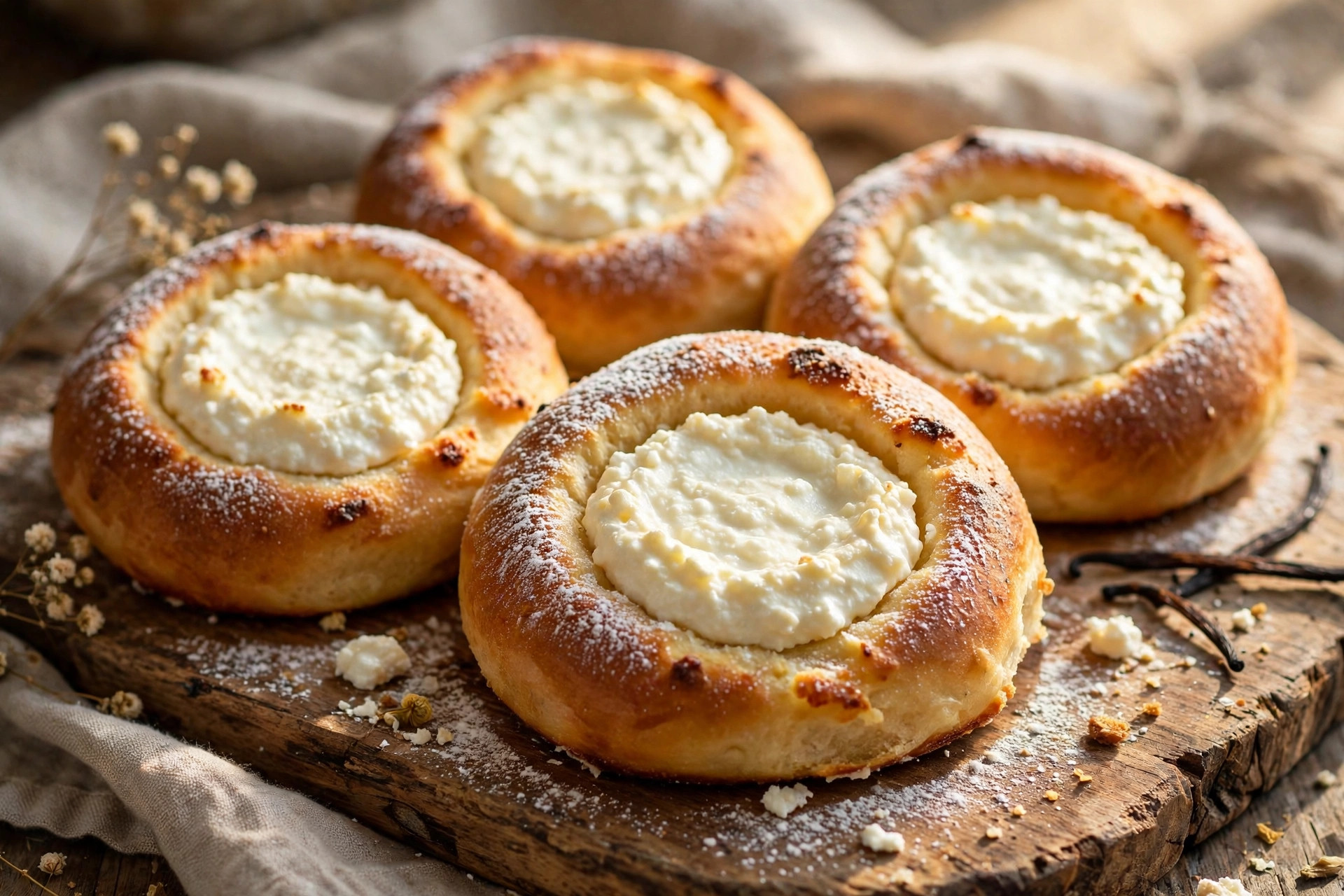 Freshly baked lazy cottage cheese buns (vatrushka) with creamy filling on a tray