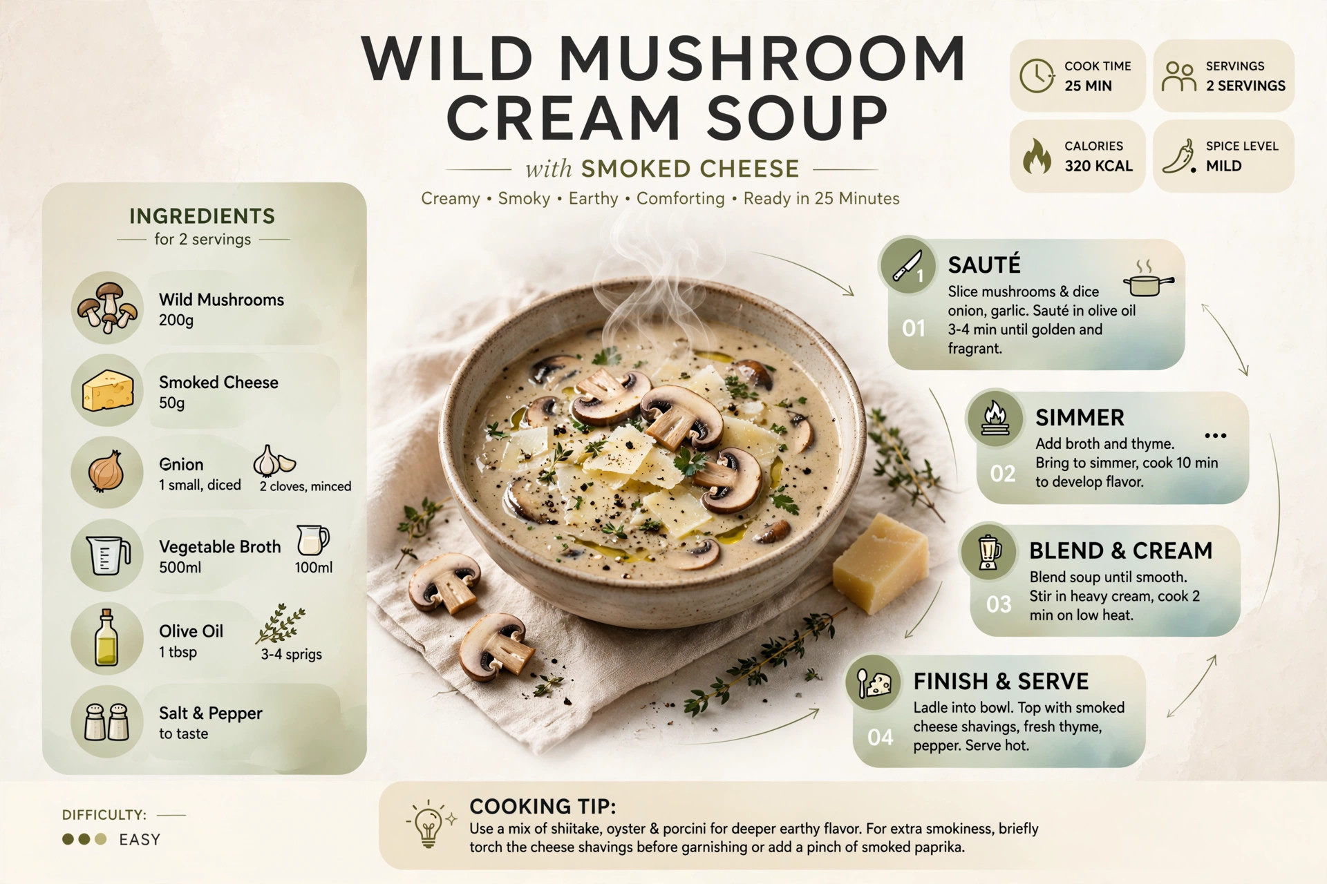 Recipe infographic: Wild Mushroom Cream Soup with Smoked Cheese — ingredients and step-by-step visual guide