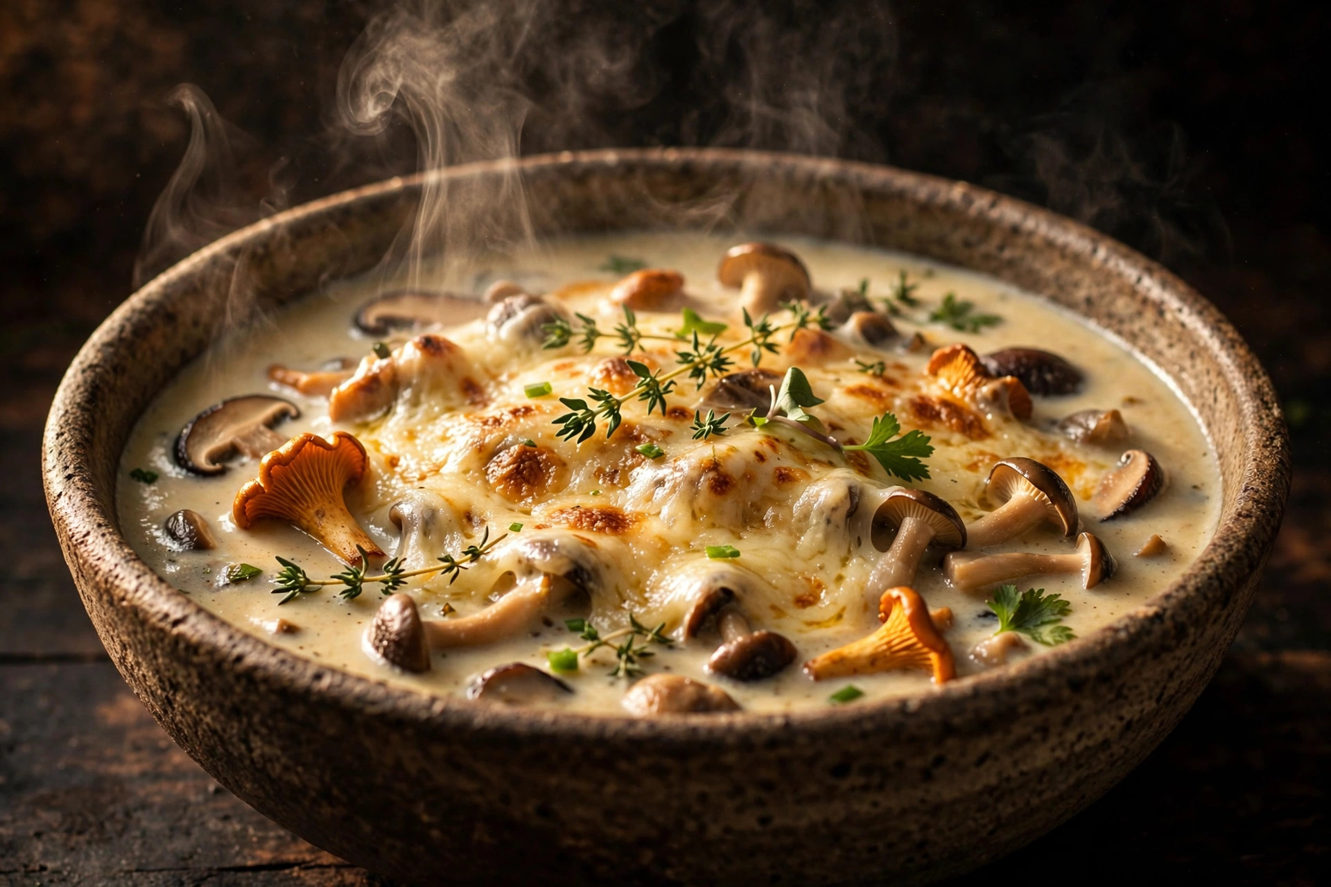 Bowl of creamy wild mushroom soup with melted smoked cheese and fresh herbs
