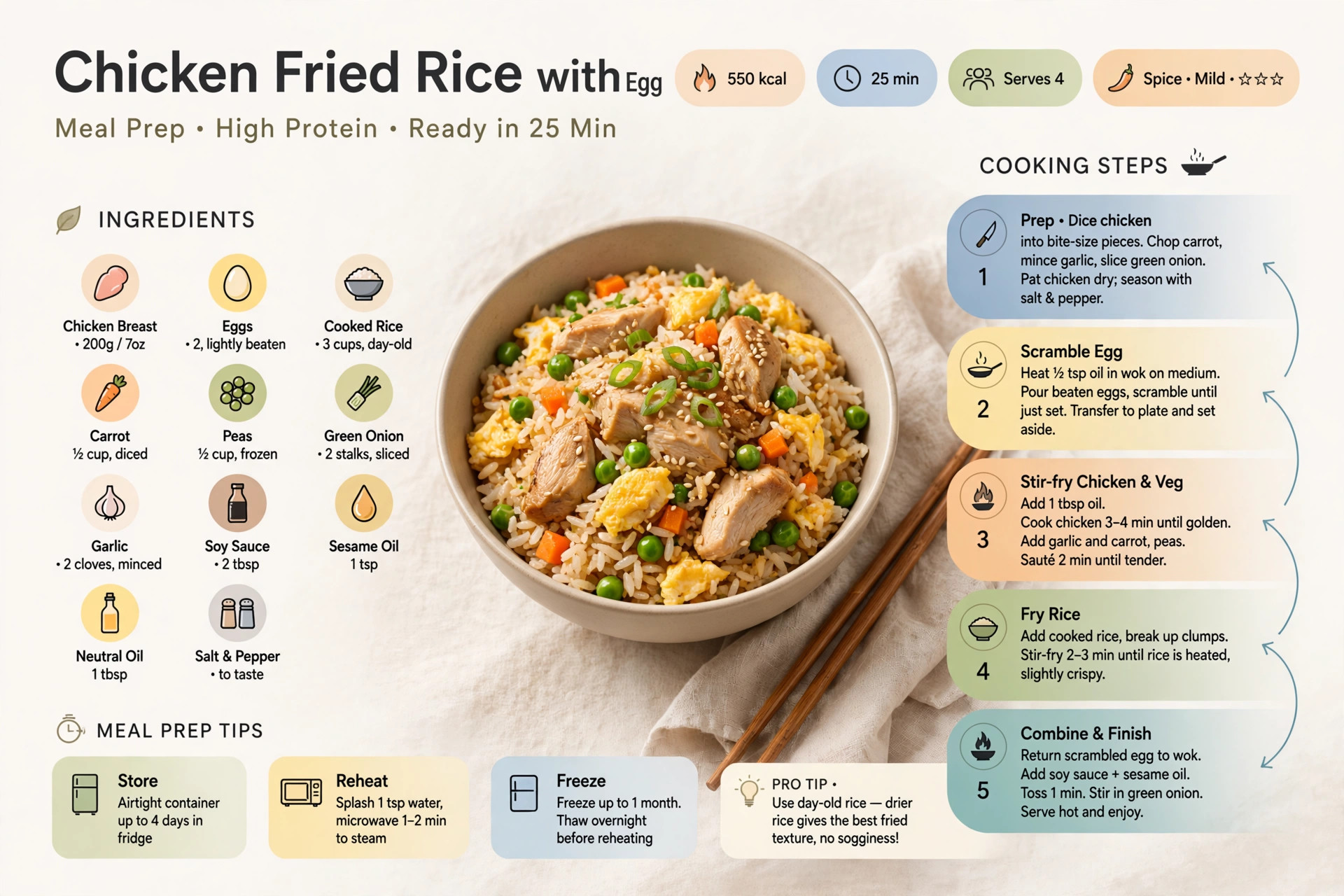 Recipe infographic: Chicken Fried Rice with Egg (Meal Prep) — ingredients and step-by-step visual guide