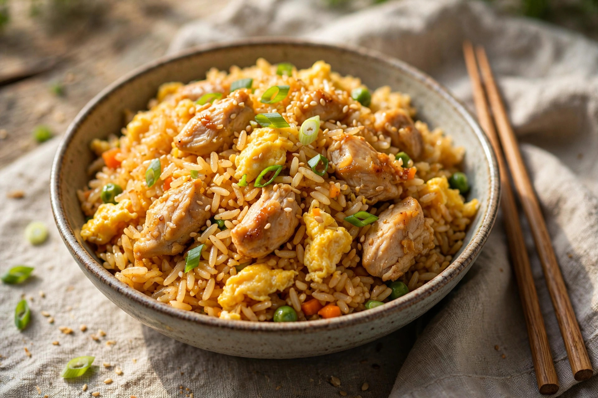 Chicken fried rice with egg, carrots, and green onions in a skillet