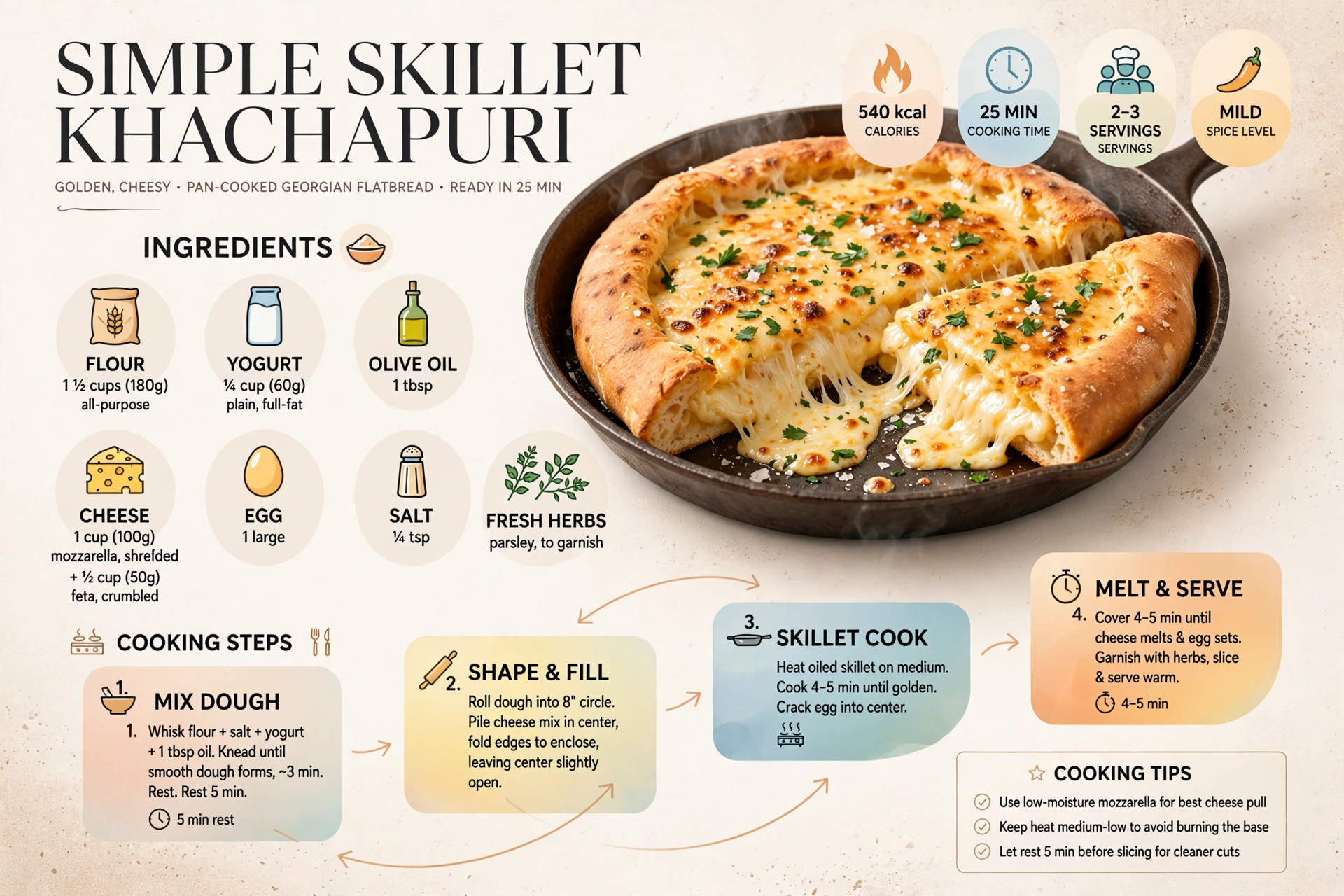 Recipe infographic: Simple Skillet Khachapuri — ingredients and step-by-step visual guide