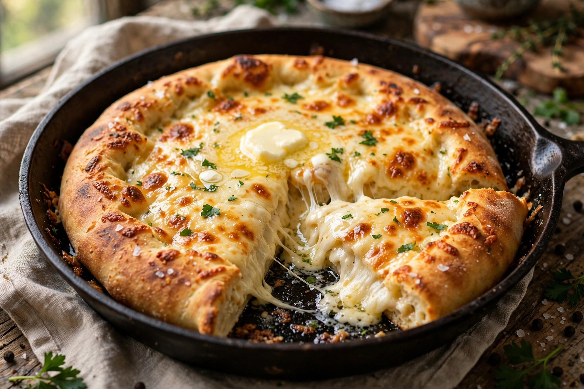 Golden cheese khachapuri cooking in a skillet