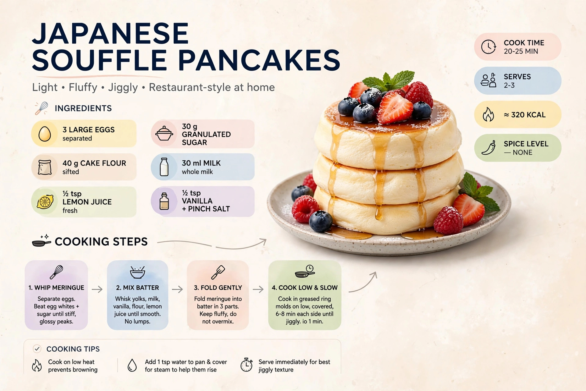 Recipe infographic: Japanese Souffle Pancakes — ingredients and step-by-step visual guide