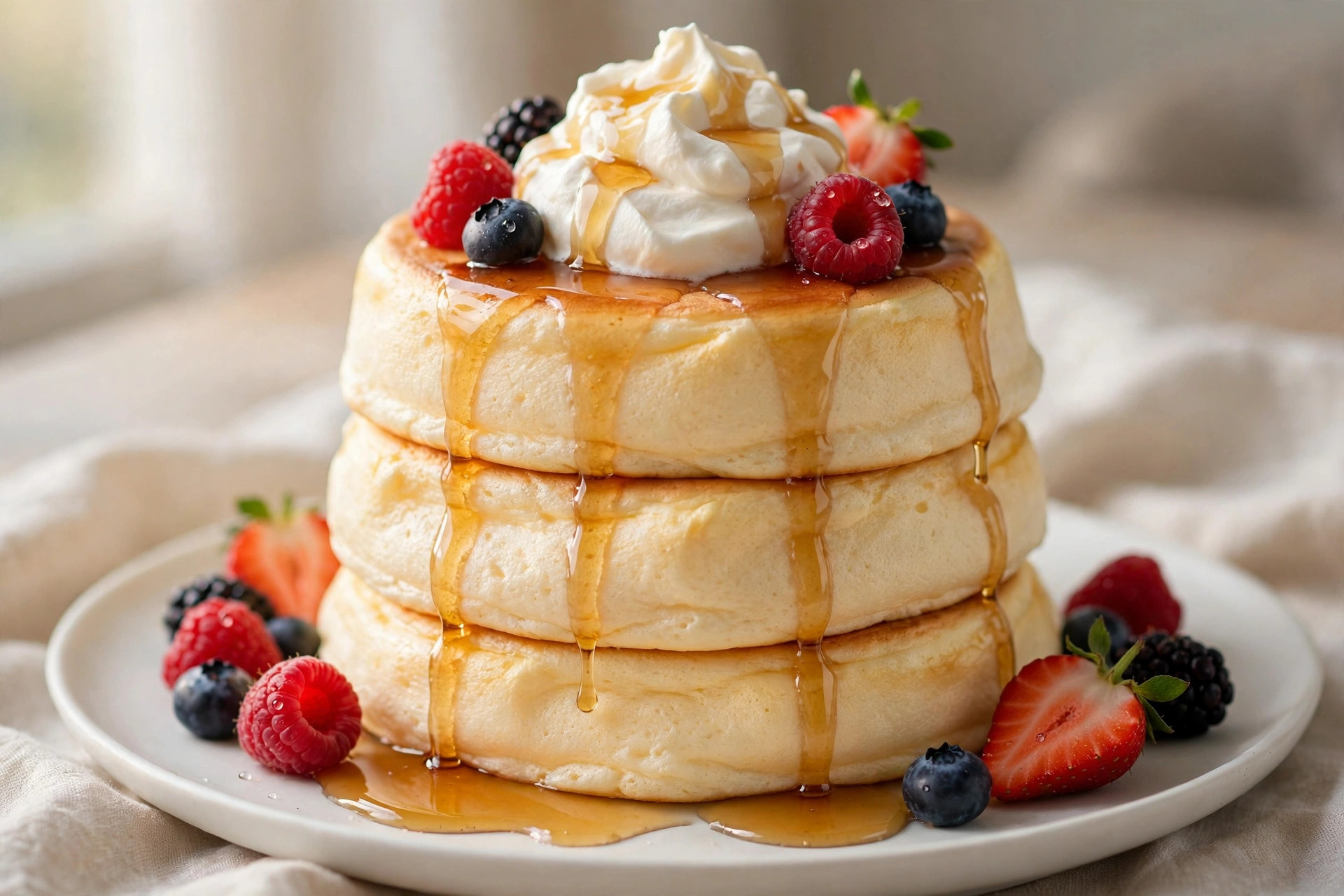 Tall jiggly Japanese souffle pancakes stacked on a plate