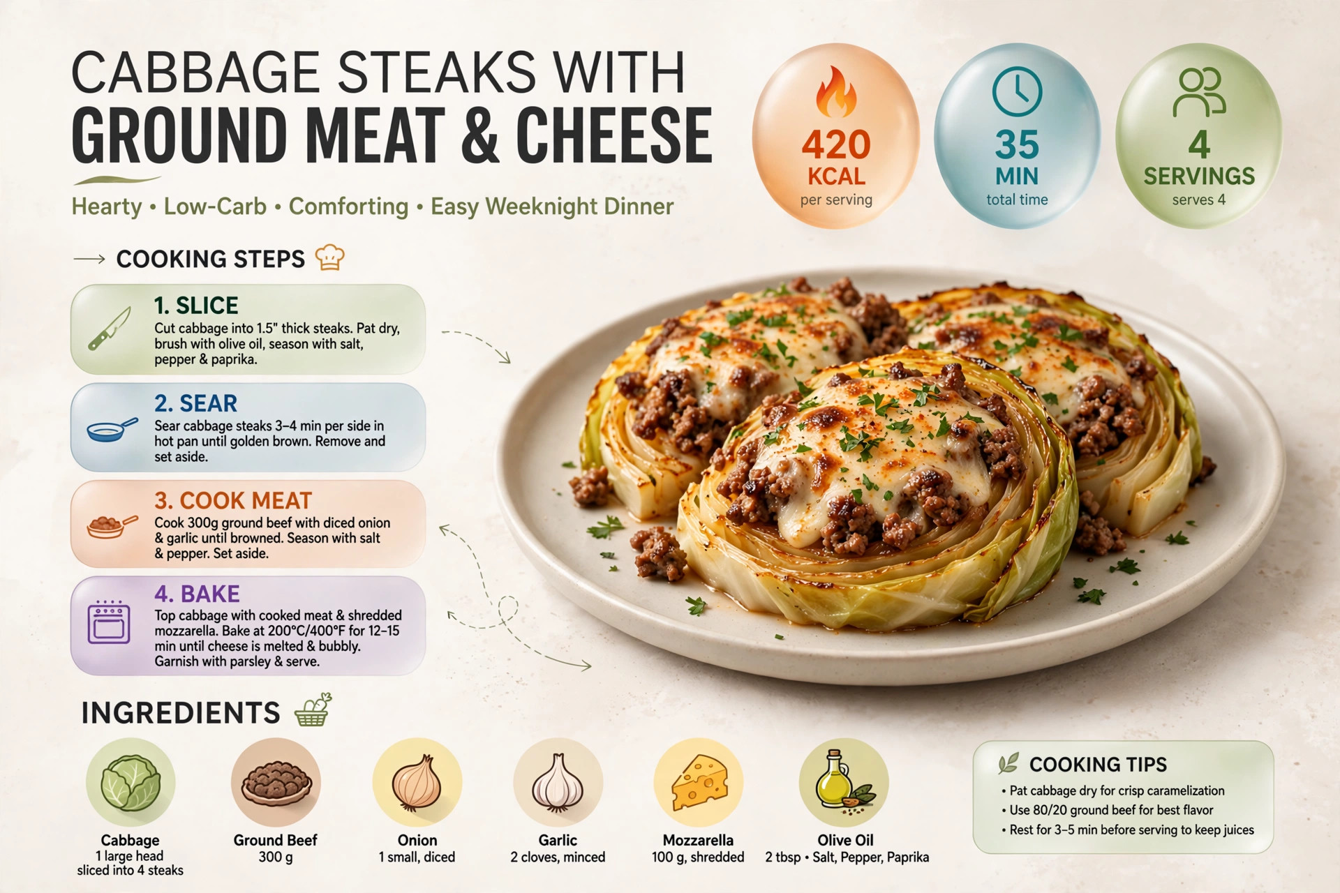 Recipe infographic: Cabbage Steaks with Ground Meat and Cheese — ingredients and step-by-step visual guide