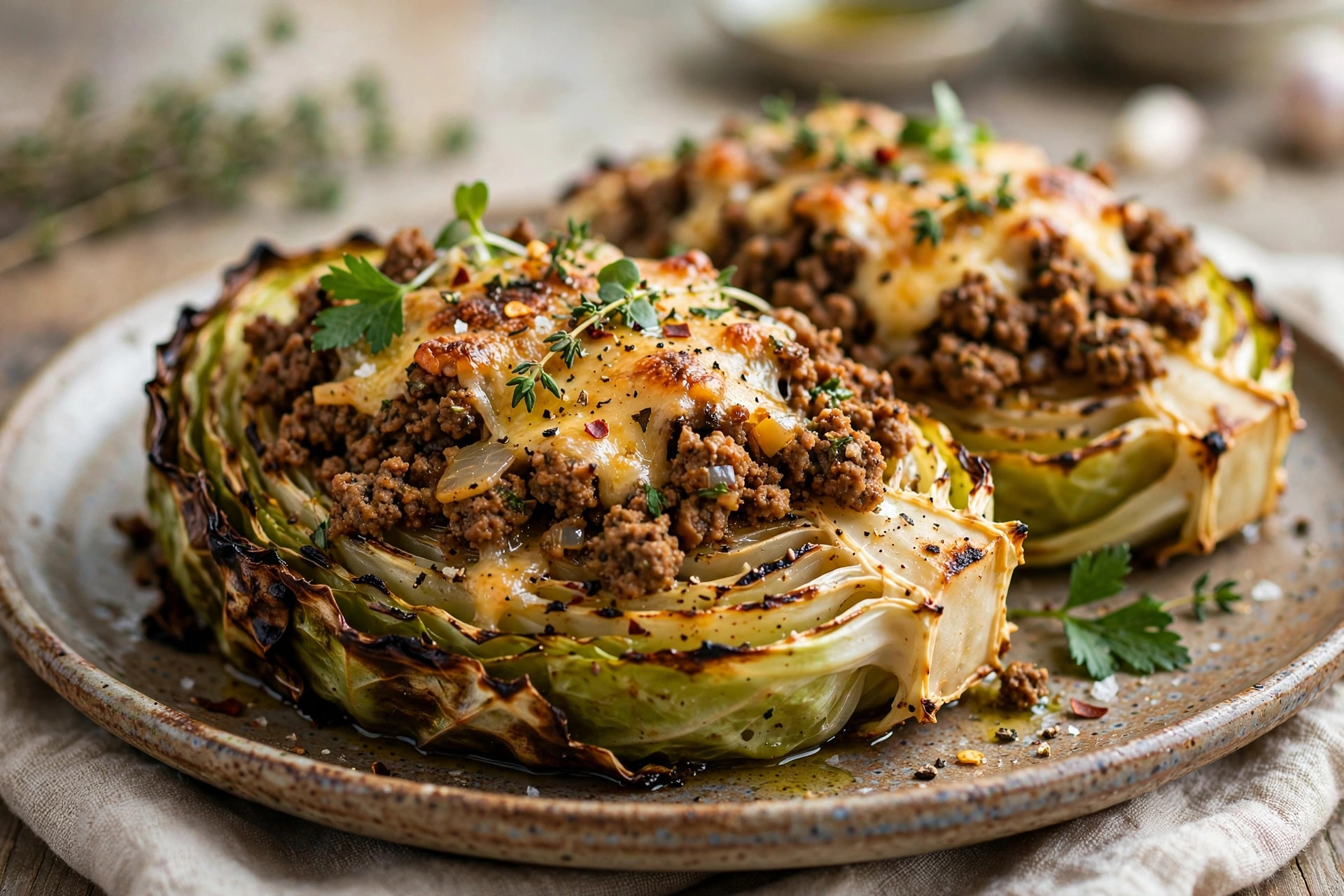 Baked cabbage steaks topped with seasoned ground meat, tomato slices and golden melted cheese
