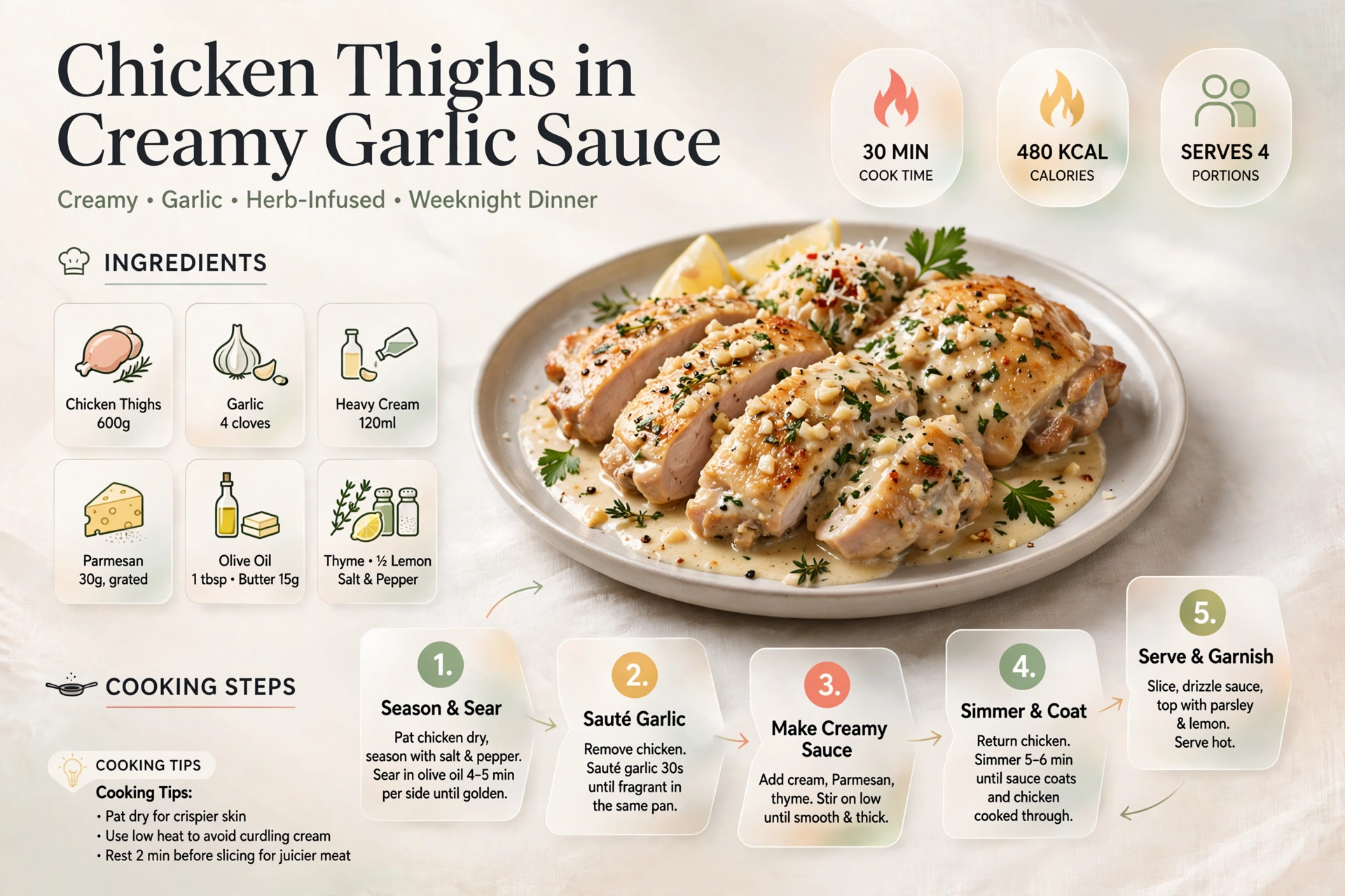 Recipe infographic: Chicken Thighs in Creamy Garlic Sauce — ingredients and step-by-step visual guide