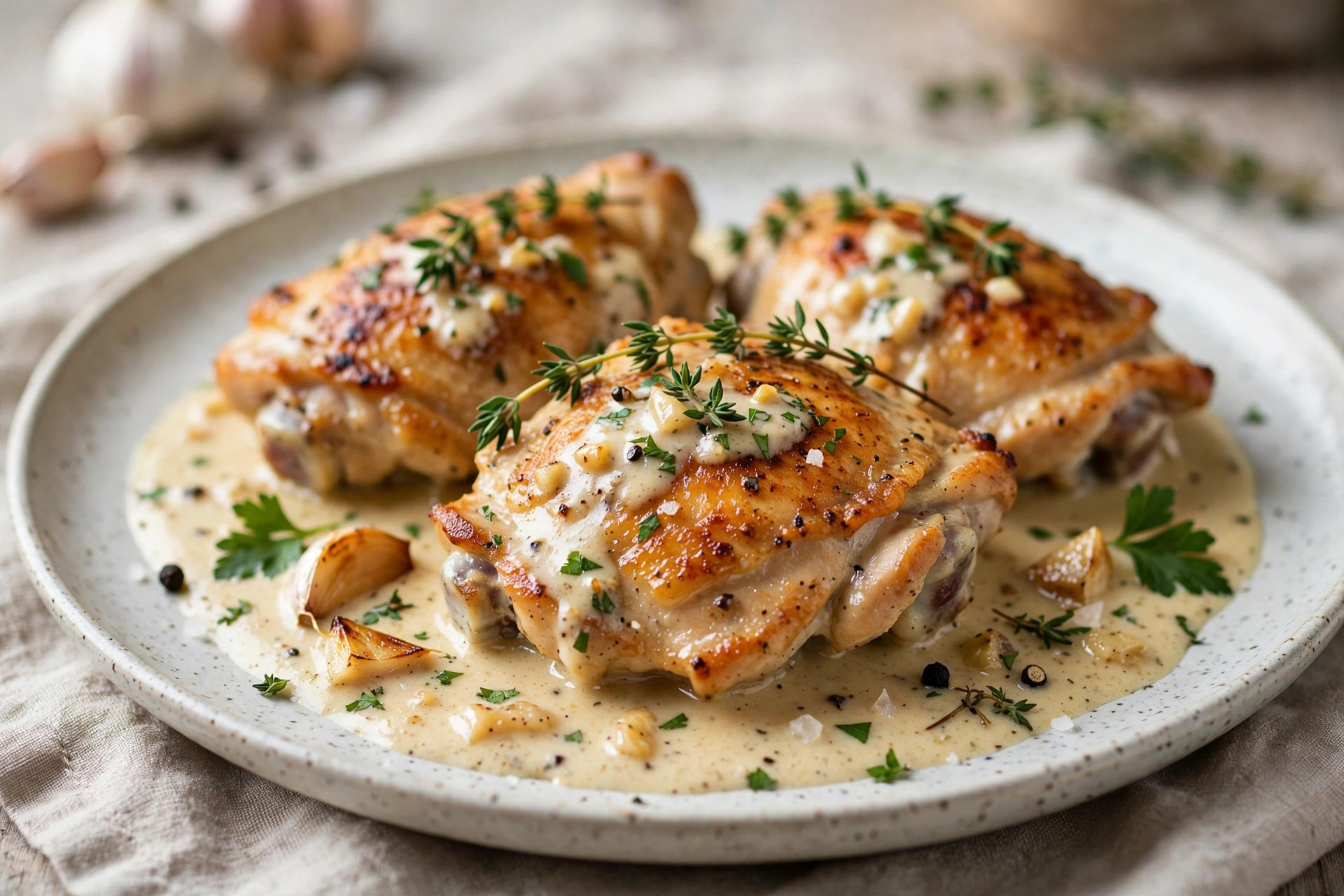 Golden chicken thighs in a creamy garlic sauce with fresh parsley