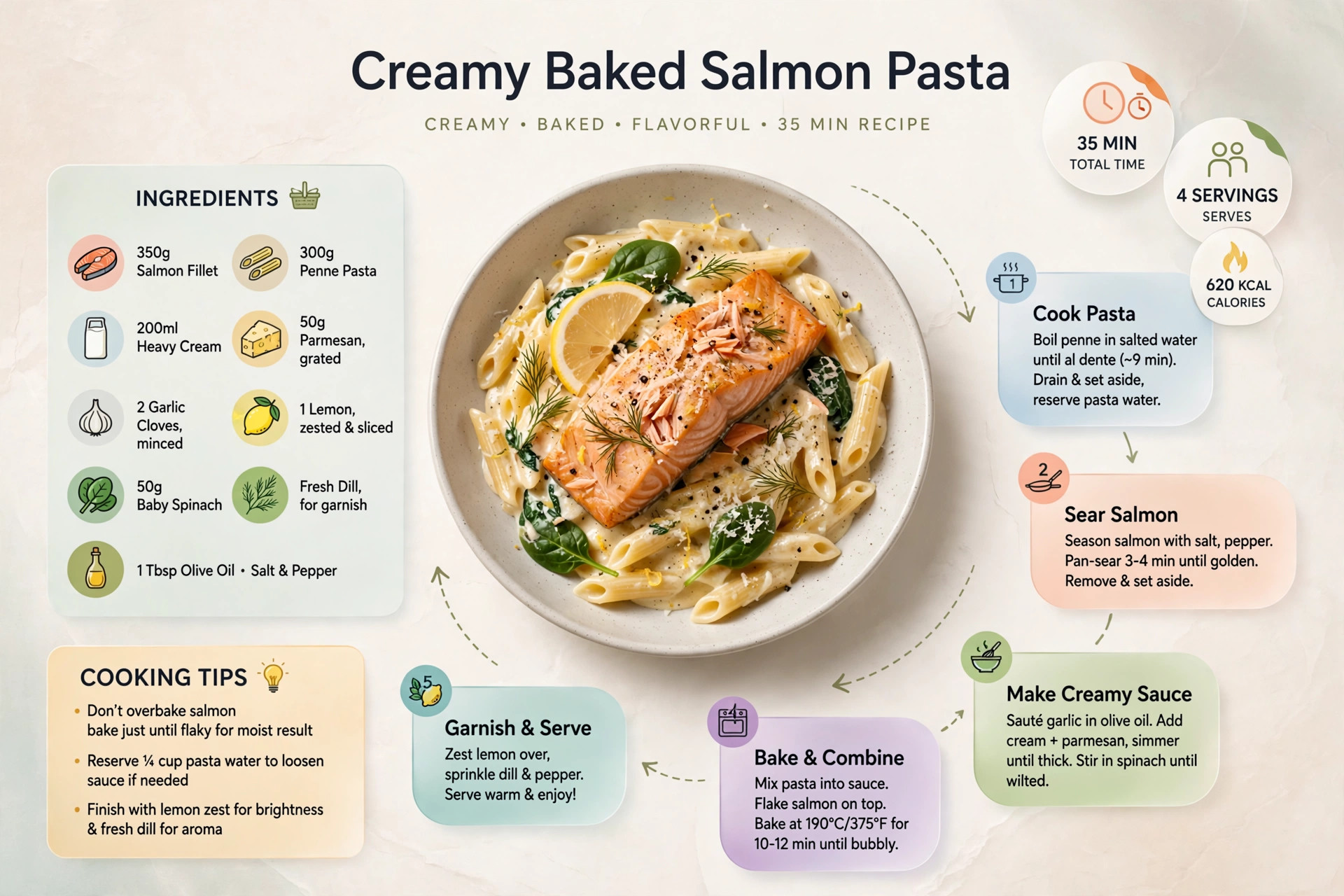 Recipe infographic: Creamy Baked Salmon Pasta — ingredients and step-by-step visual guide