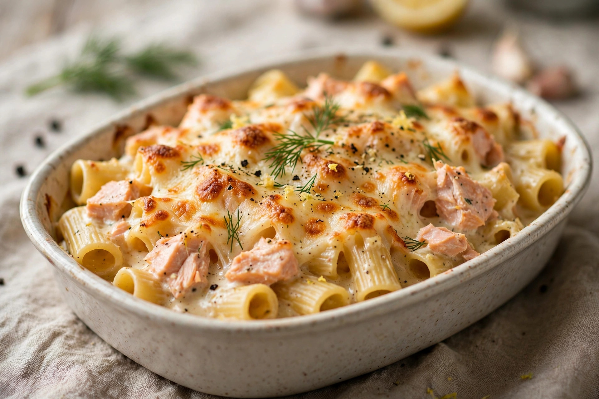 Creamy baked salmon pasta with cherry tomatoes, spinach and grated Parmesan