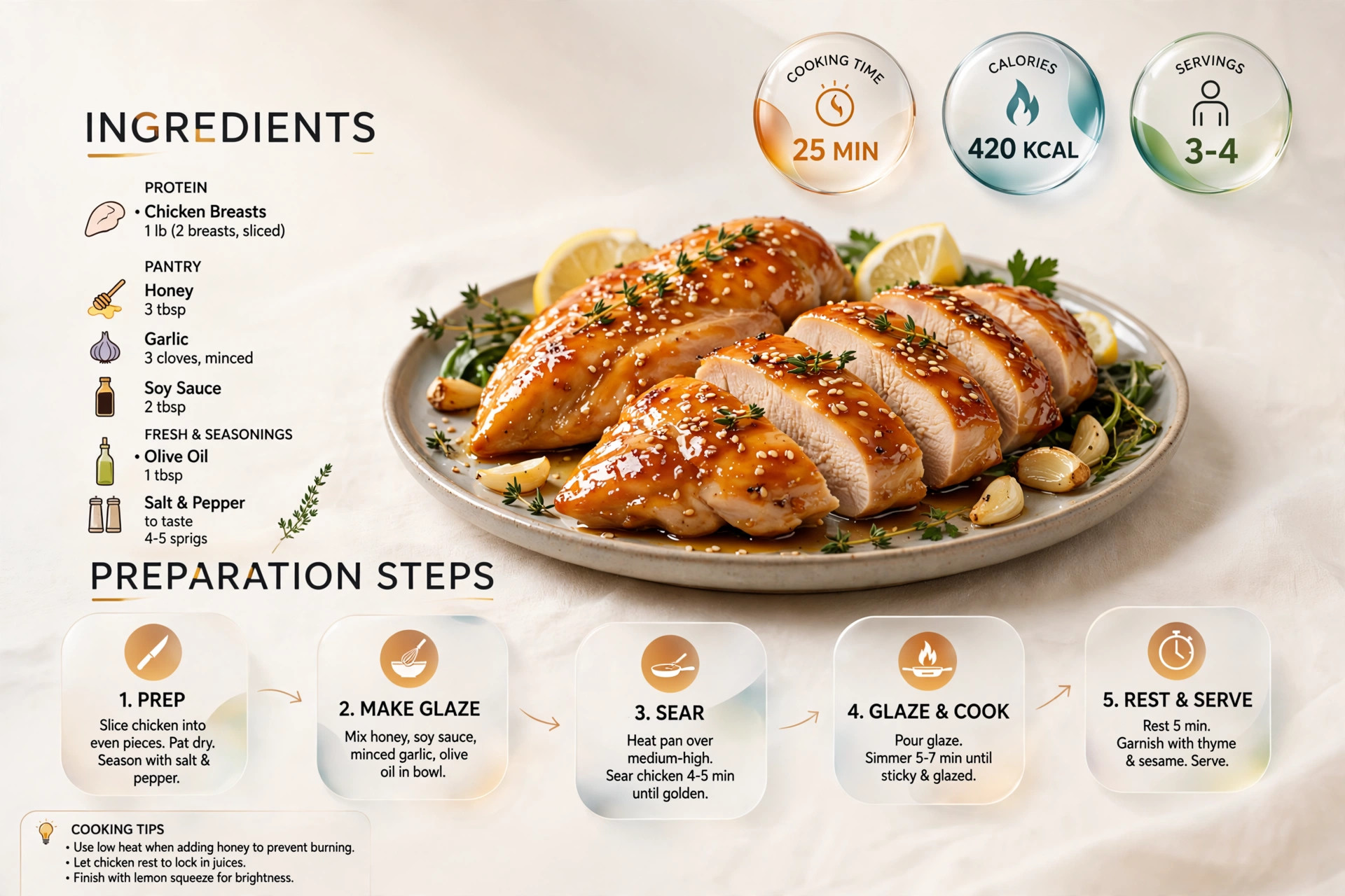 Recipe infographic: Honey-Garlic Glazed Chicken Breasts — ingredients and step-by-step visual guide