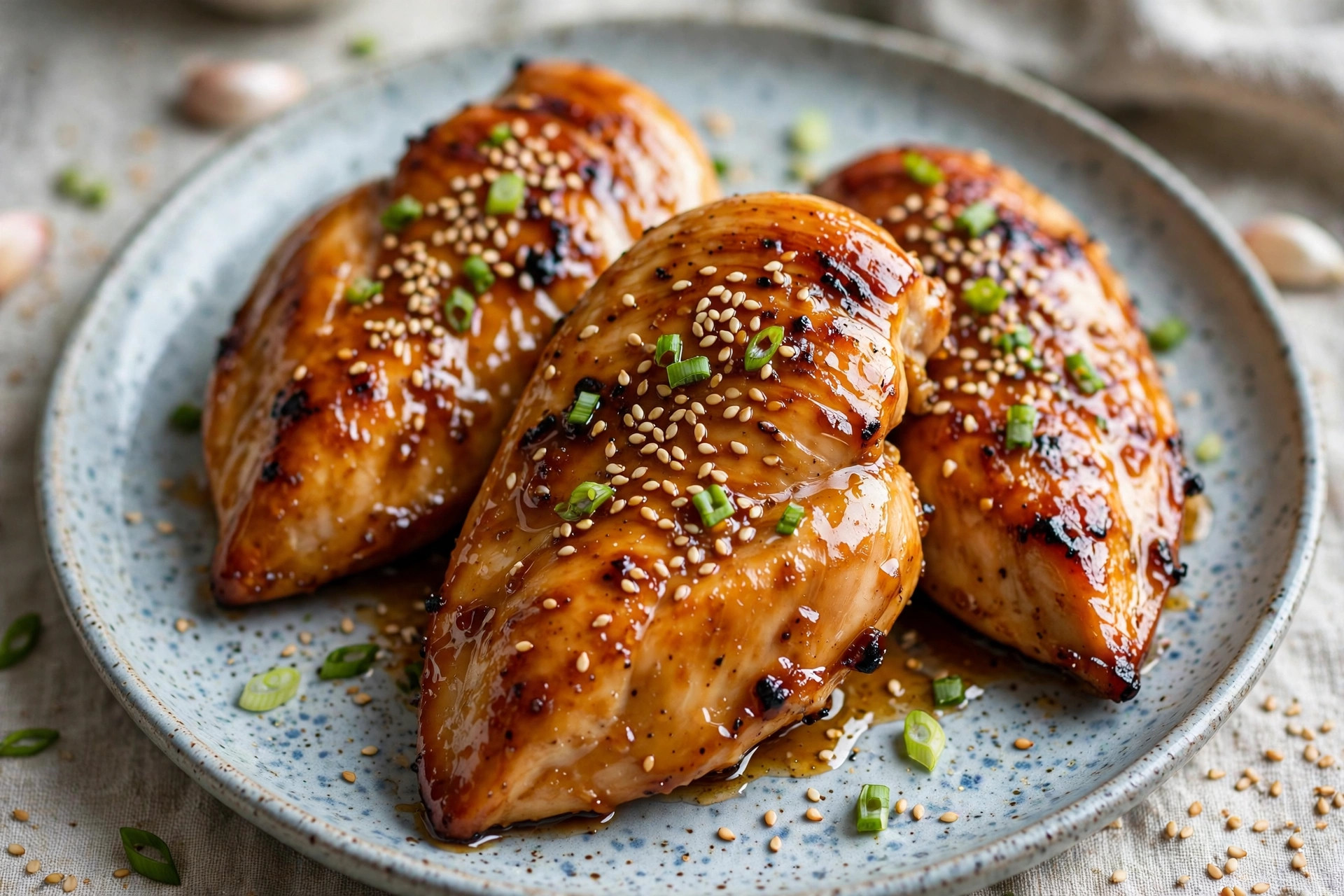 Honey-garlic glazed chicken breasts with a glossy golden sauce in a skillet