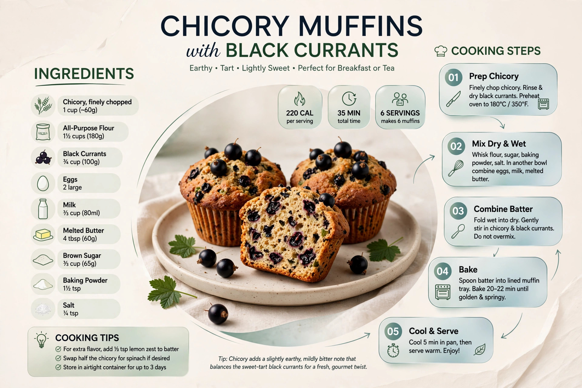 Recipe infographic: Chicory Muffins with Black Currants — ingredients and step-by-step visual guide
