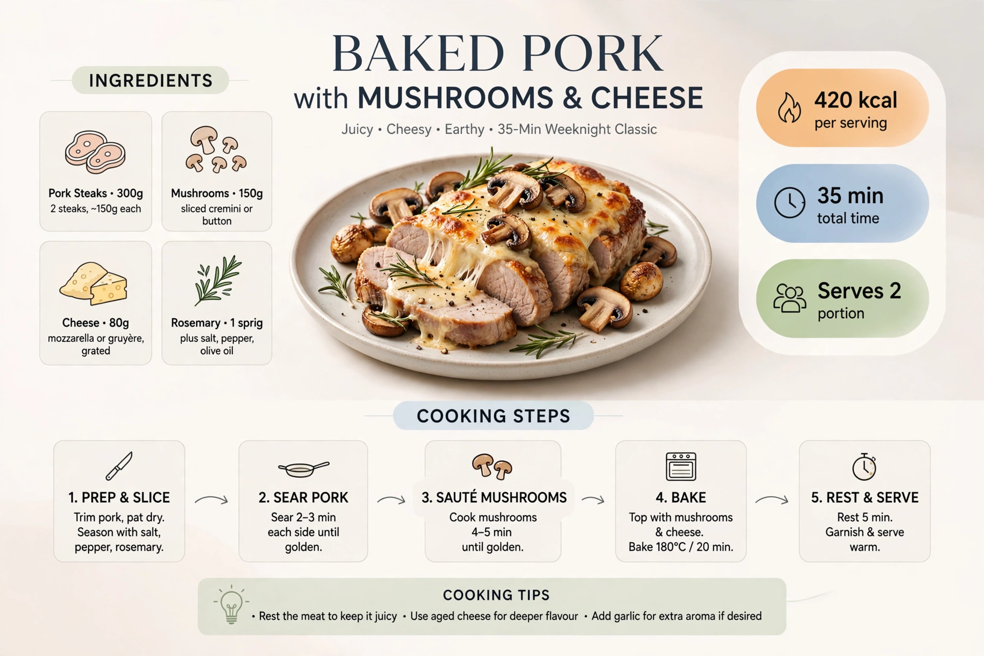 Recipe infographic: Baked Pork with Mushrooms and Cheese — ingredients and step-by-step visual guide