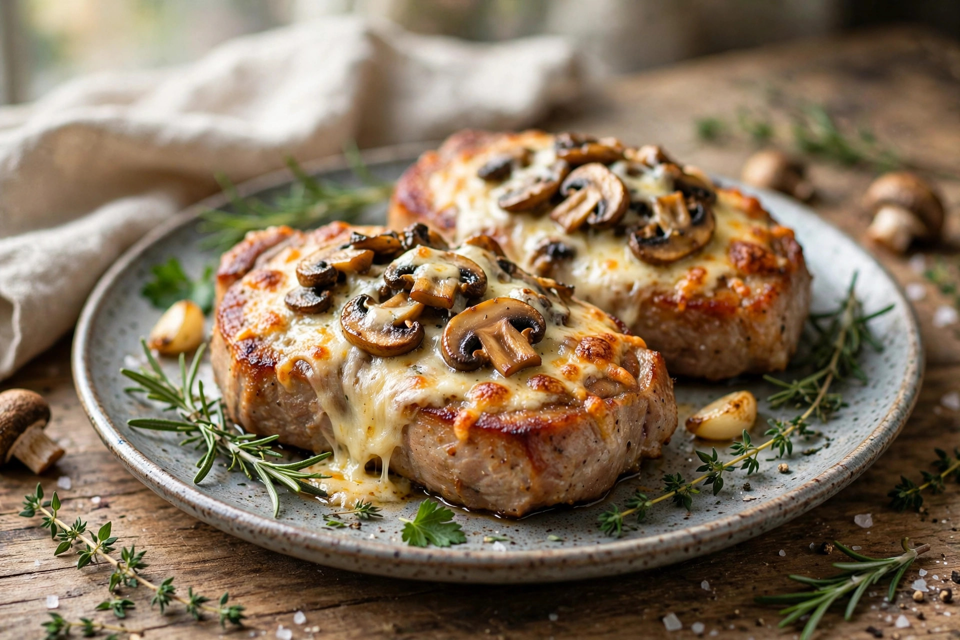 Golden baked pork steaks topped with sautéed mushrooms, onion, and melted cheese