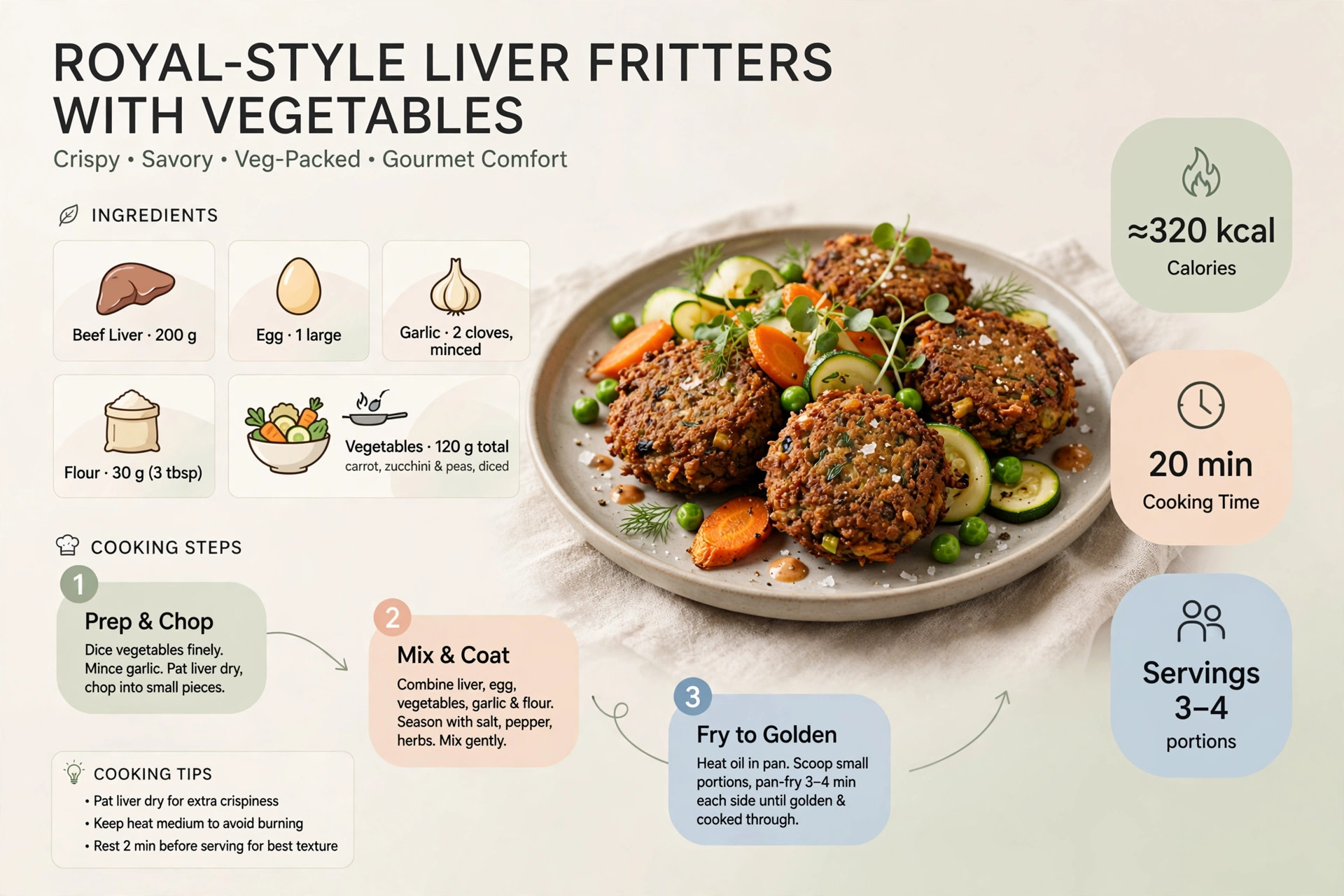 Recipe infographic: Royal-Style Liver Fritters with Vegetables — ingredients and step-by-step visual guide