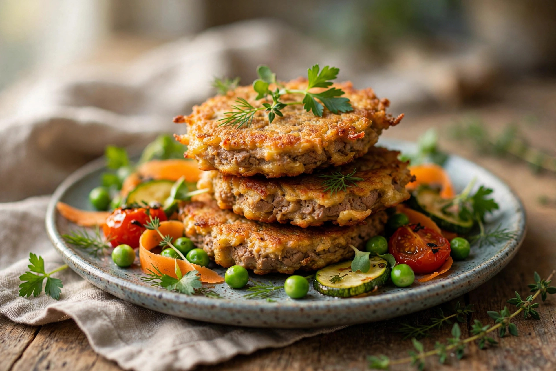 Stacked royal-style liver fritters layered with sautéed vegetables and creamy cheese sauce