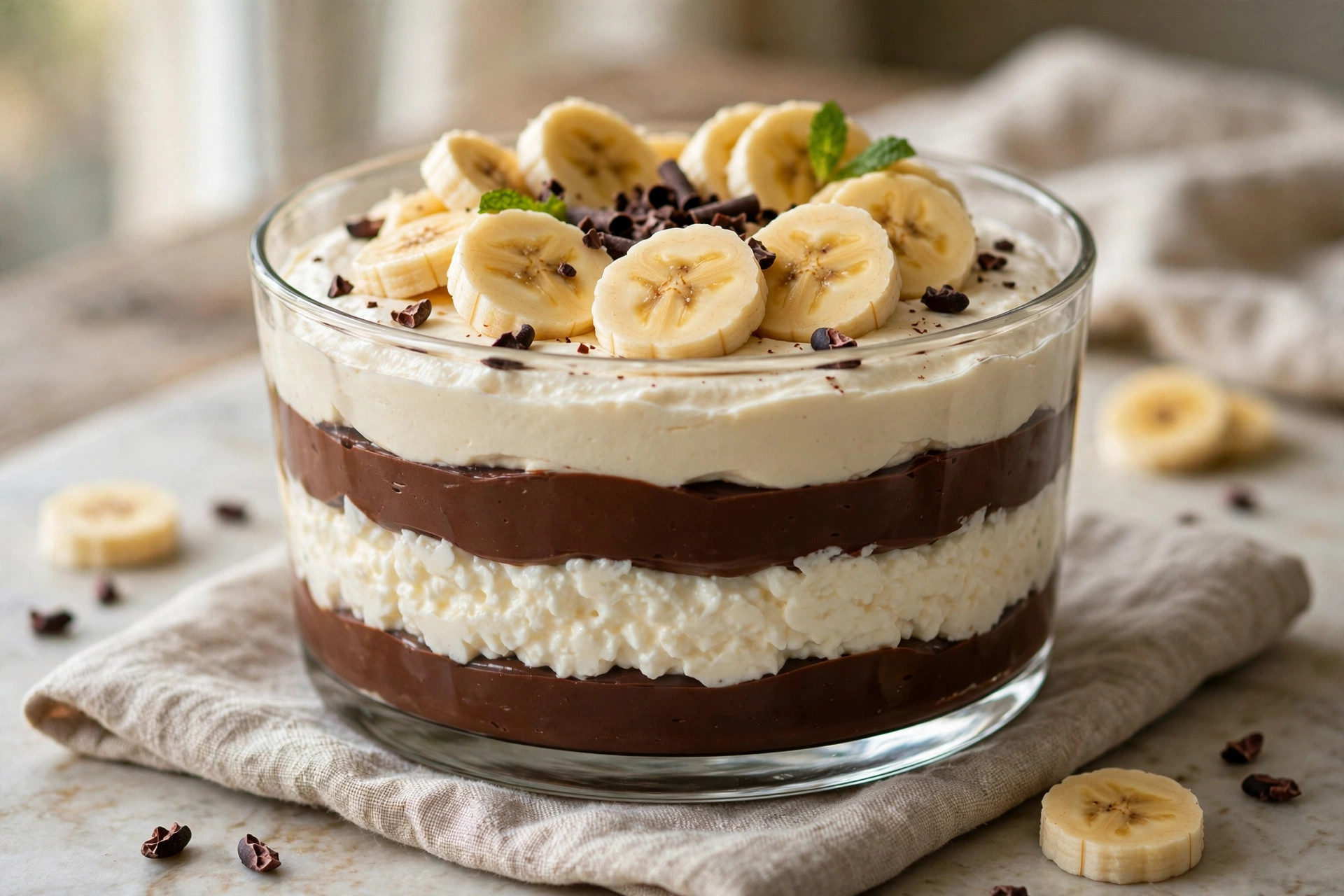 Creamy no-bake chocolate banana cottage cheese dessert dusted with cocoa and topped with berries