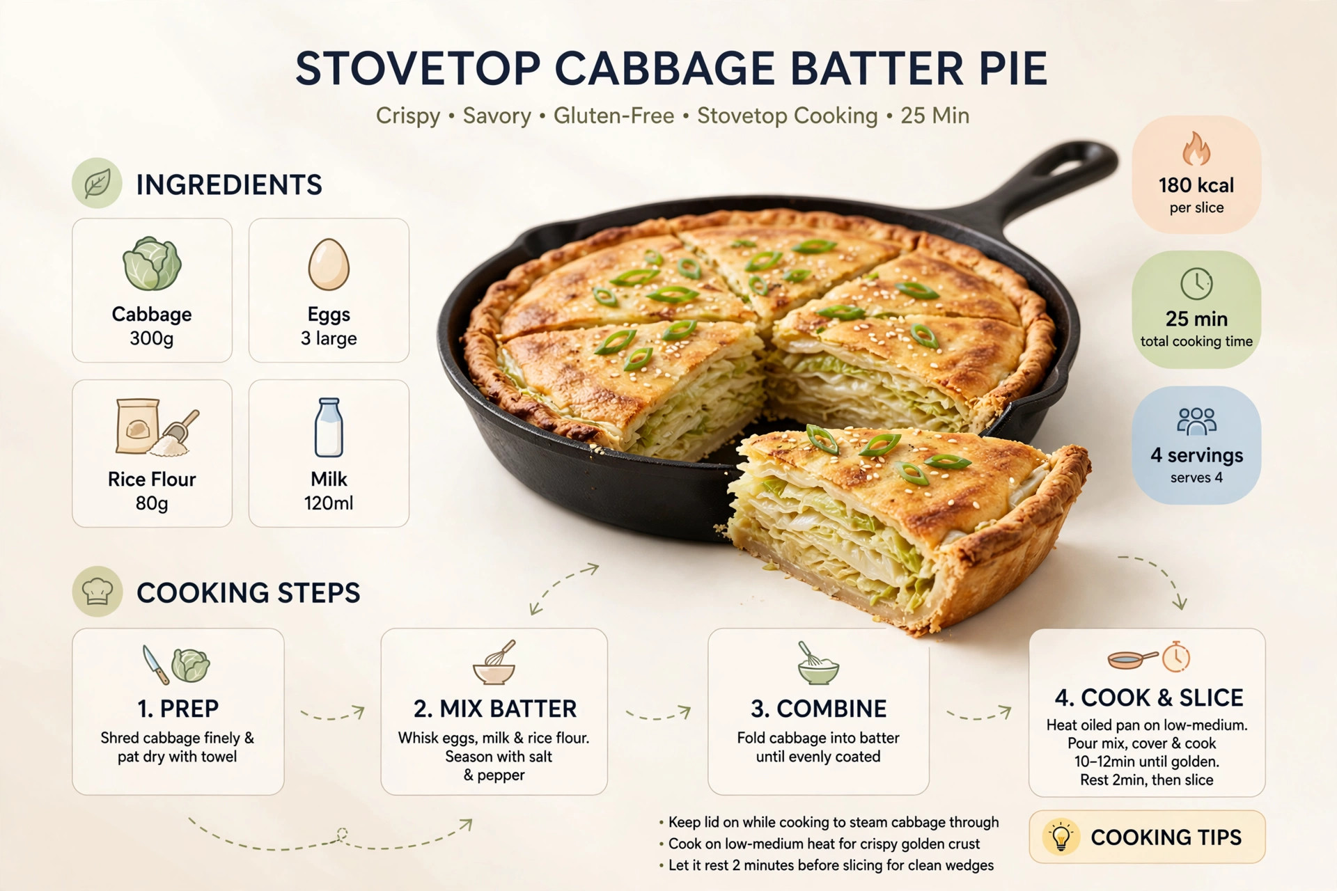 Recipe infographic: Stovetop Cabbage Batter Pie — ingredients and step-by-step visual guide