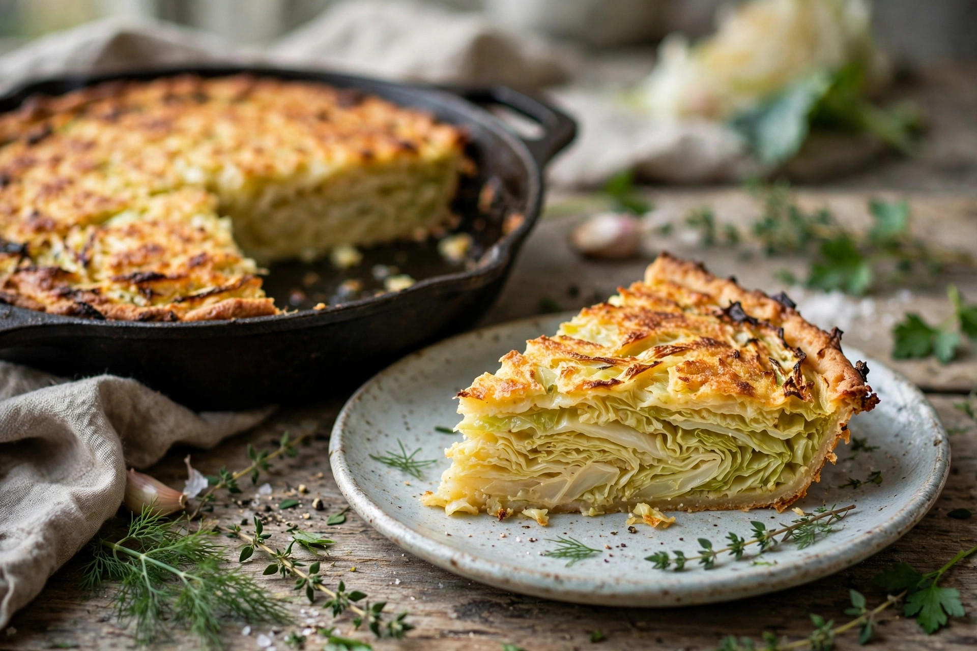 Golden stovetop cabbage batter pie with crisp crust, sliced to show the tender cabbage filling