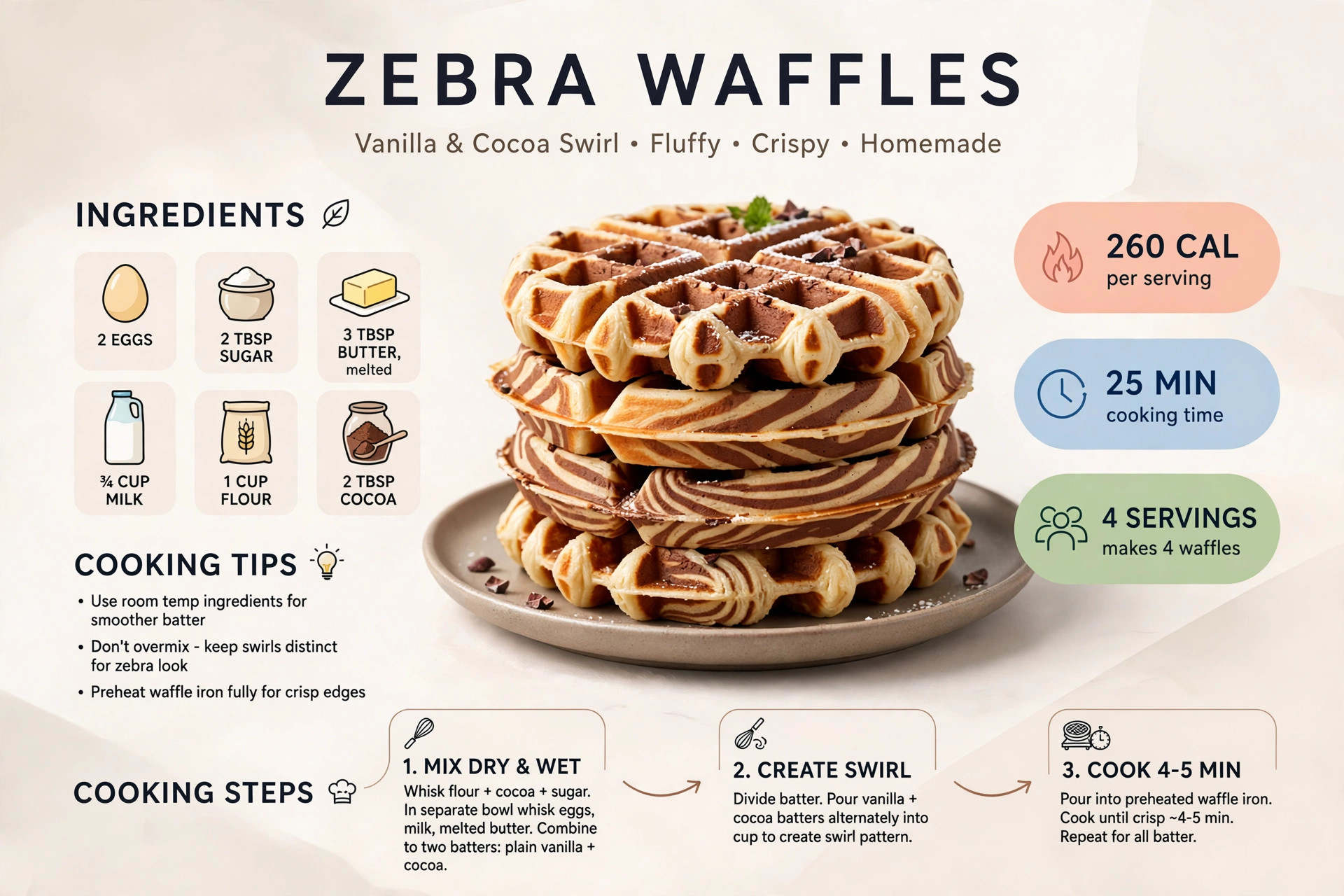 Recipe infographic: Zebra Waffles with Vanilla and Cocoa — ingredients and step-by-step visual guide