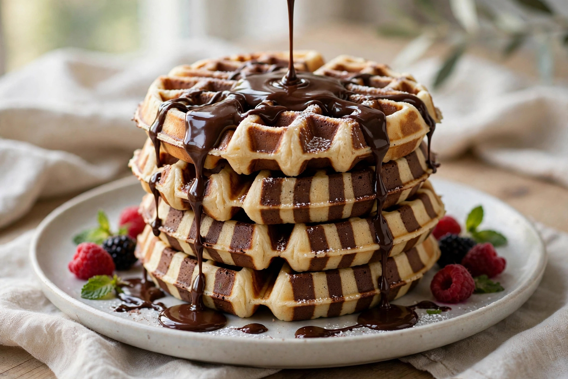 Golden zebra waffles with vanilla and cocoa swirl pattern, stacked on a plate