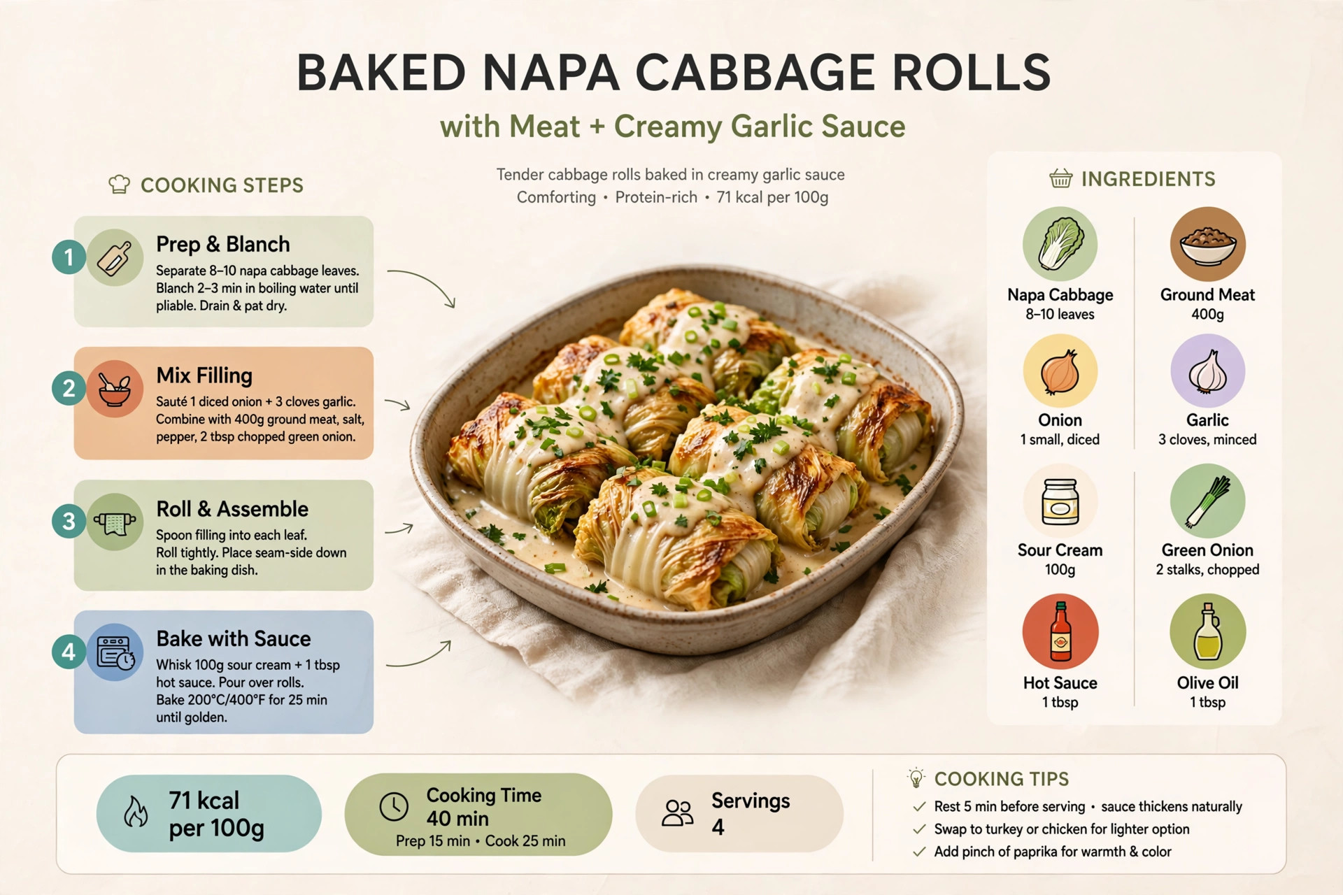 Recipe infographic: baked napa cabbage rolls with meat and garlic sauce — ingredients and step-by-step visual guide