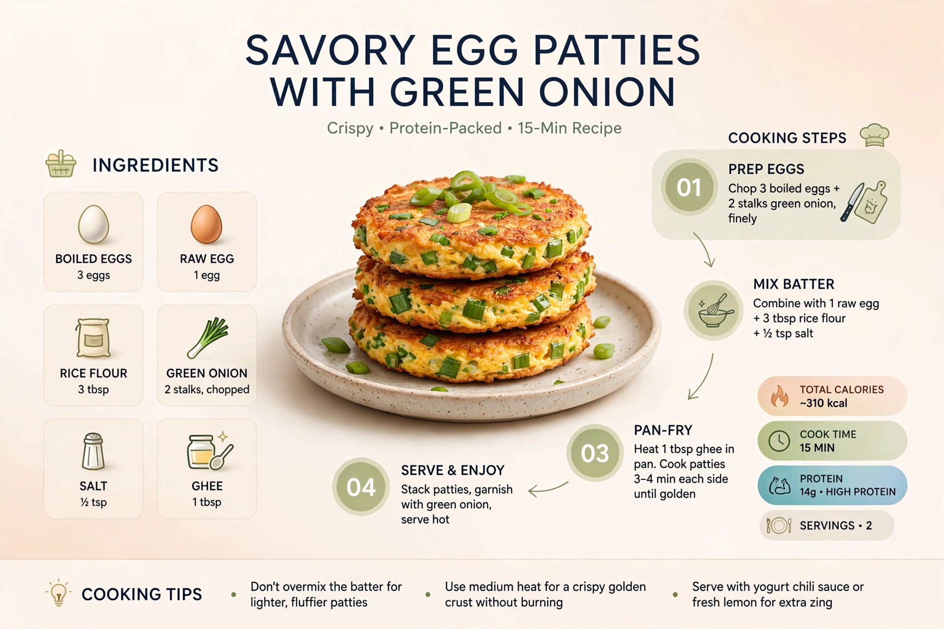 Recipe infographic: savory egg patties with green onion — ingredients and step-by-step visual guide