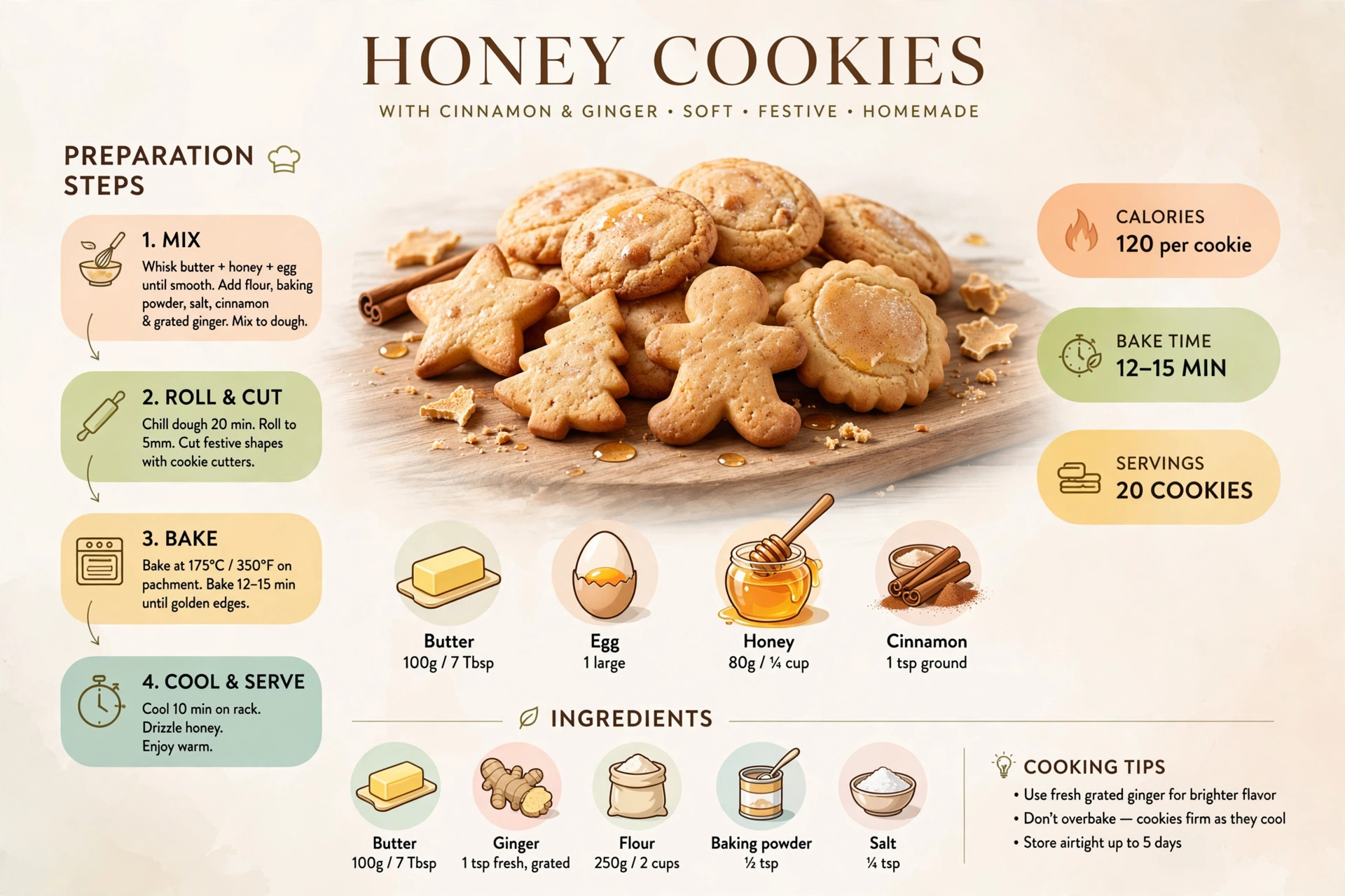 Recipe infographic: honey cookies with cinnamon and ginger — ingredients and step-by-step visual guide