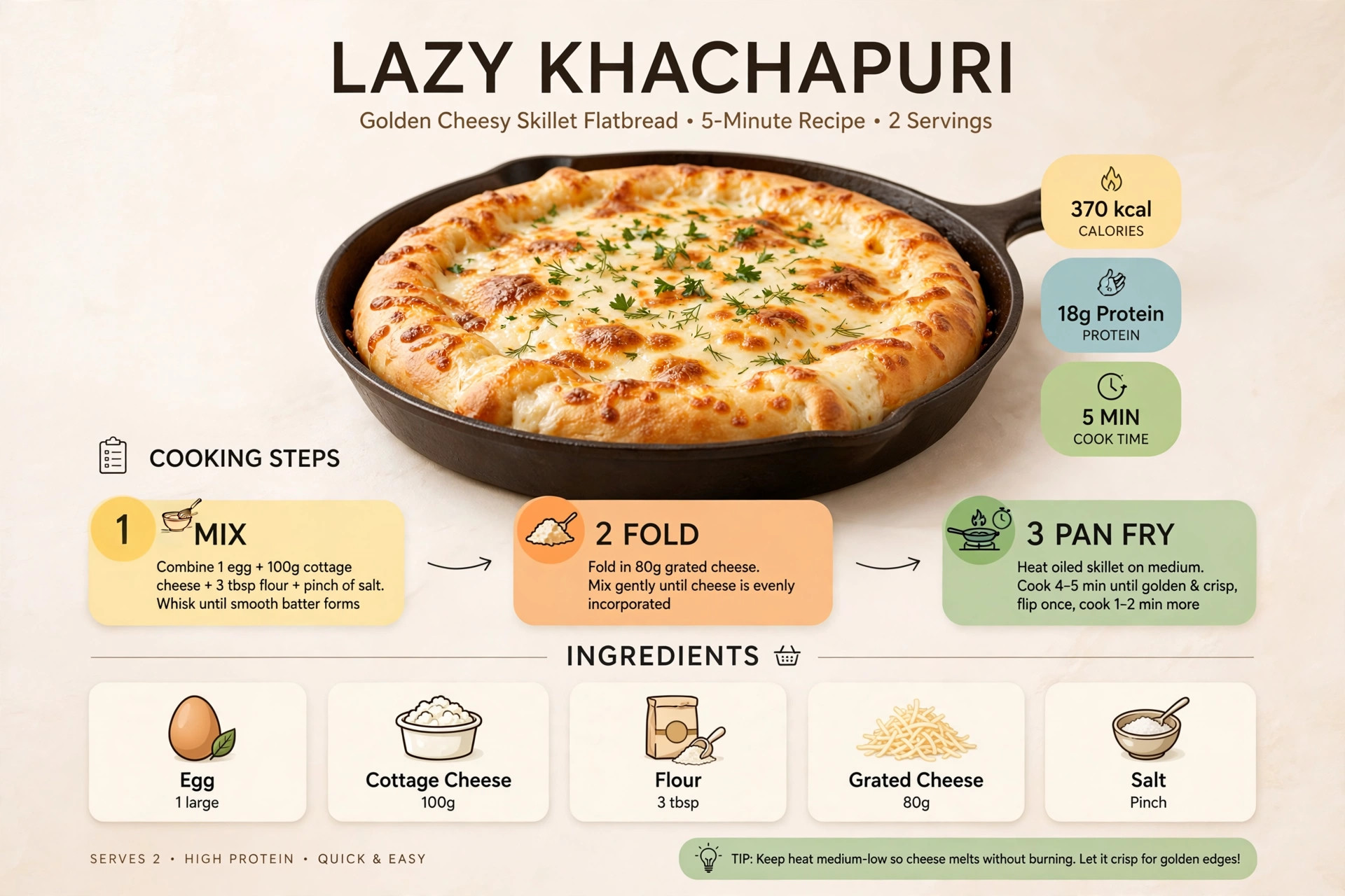 Recipe infographic: lazy khachapuri cheesy skillet flatbread — ingredients and step-by-step visual guide