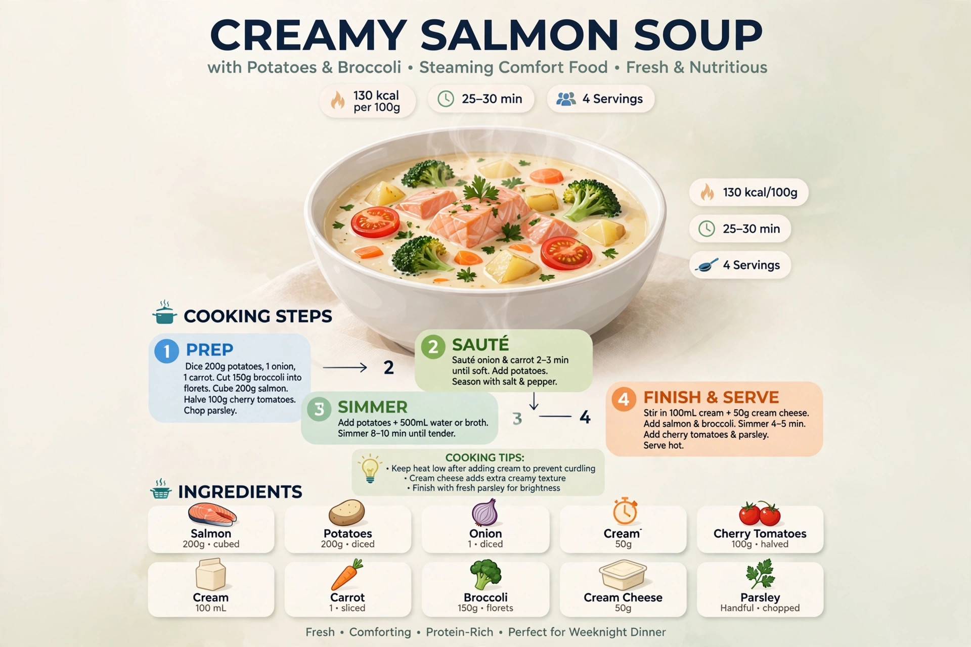Recipe infographic: creamy salmon soup with potatoes and broccoli — ingredients and step-by-step visual guide