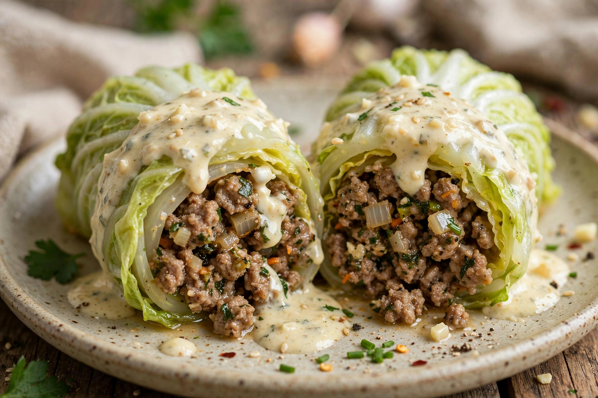 Baked napa cabbage rolls with meat and creamy garlic sauce