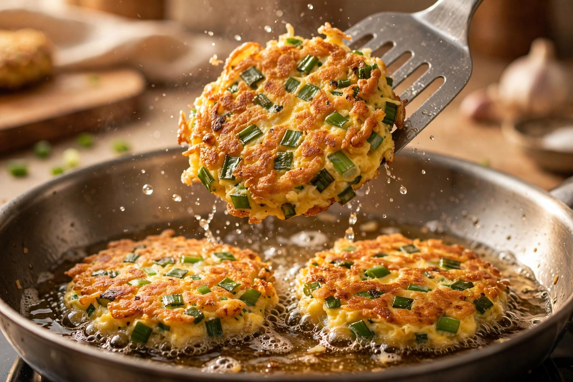 Golden savory egg patties with green onion, served on a plate