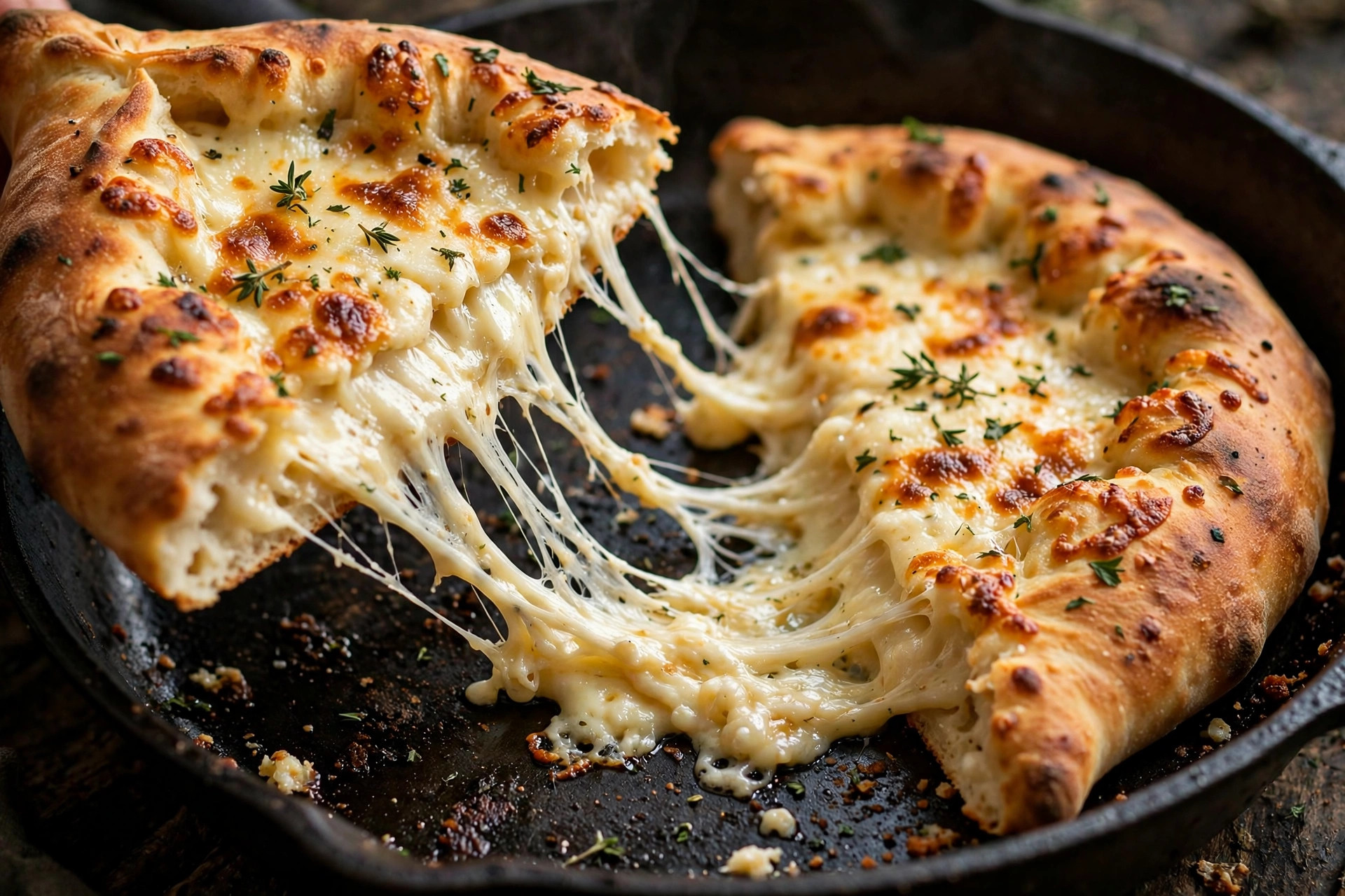 Cheesy skillet khachapuri flatbread, fresh from the pan
