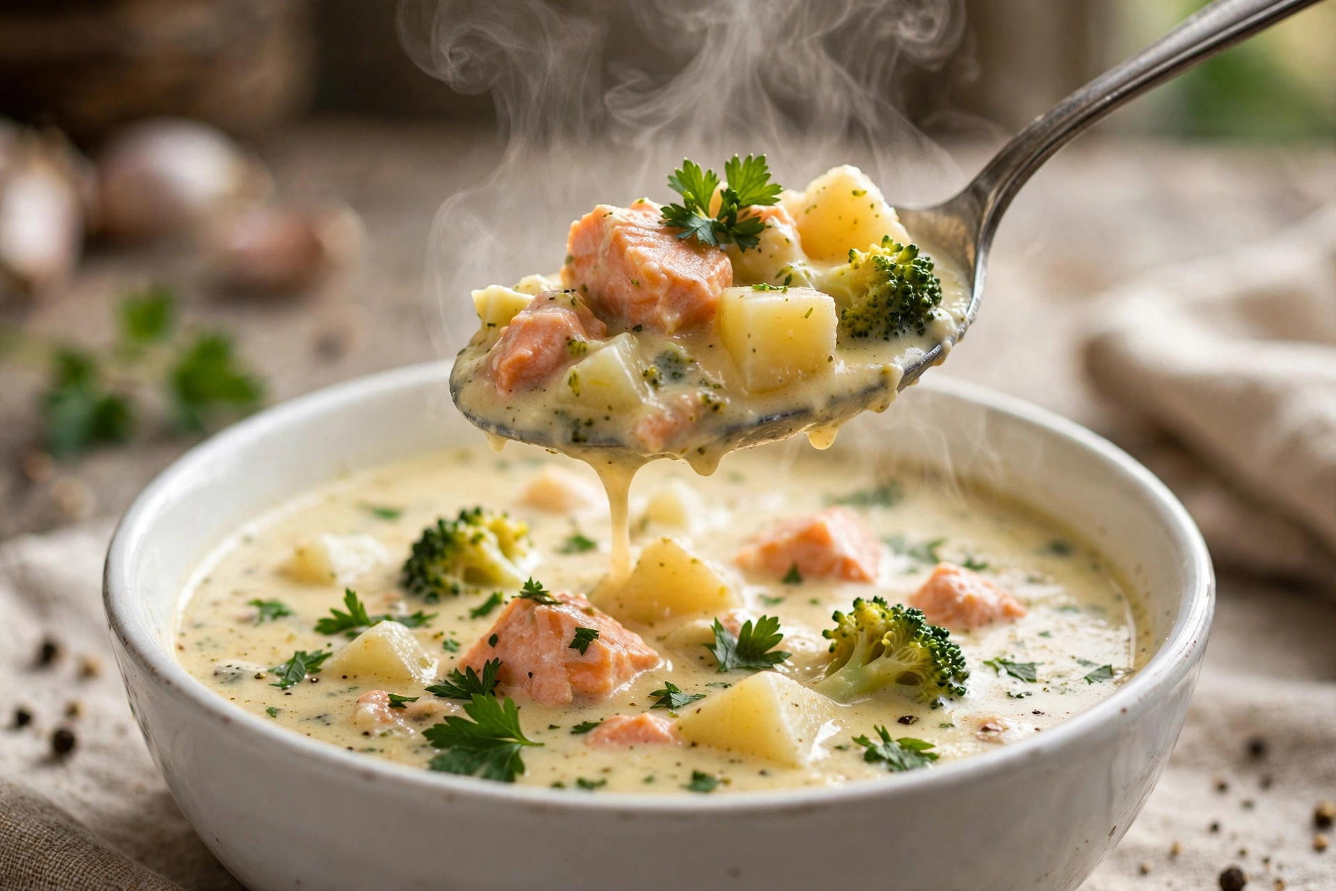 Creamy salmon soup with potatoes and broccoli