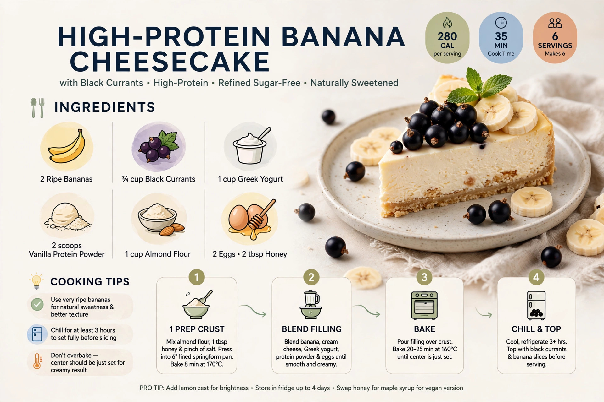 Recipe infographic: High-Protein Banana Cheesecake with Black Currants — ingredients and step-by-step visual guide