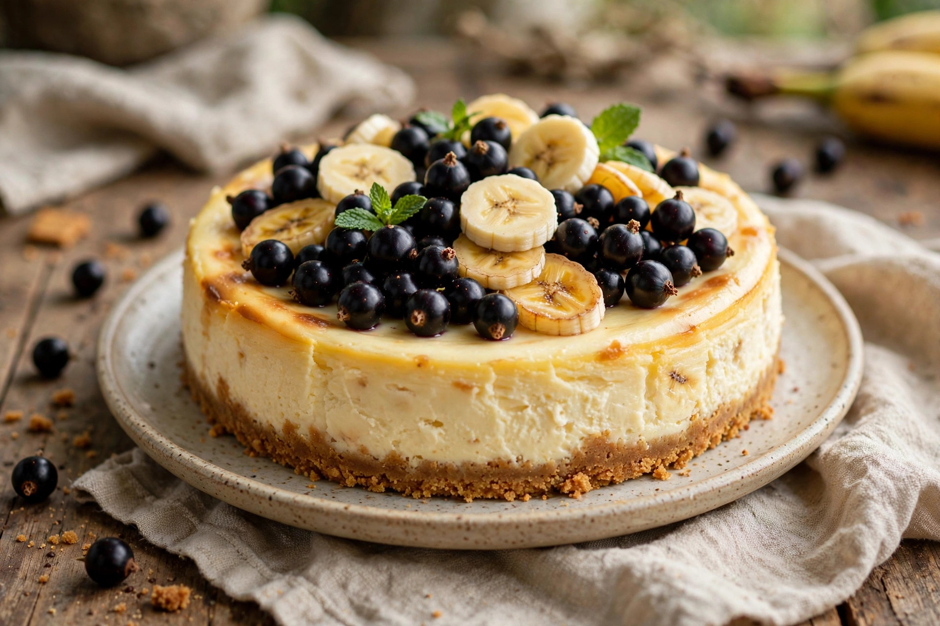 High-protein banana cheesecake with black currants, sliced to show the creamy center
