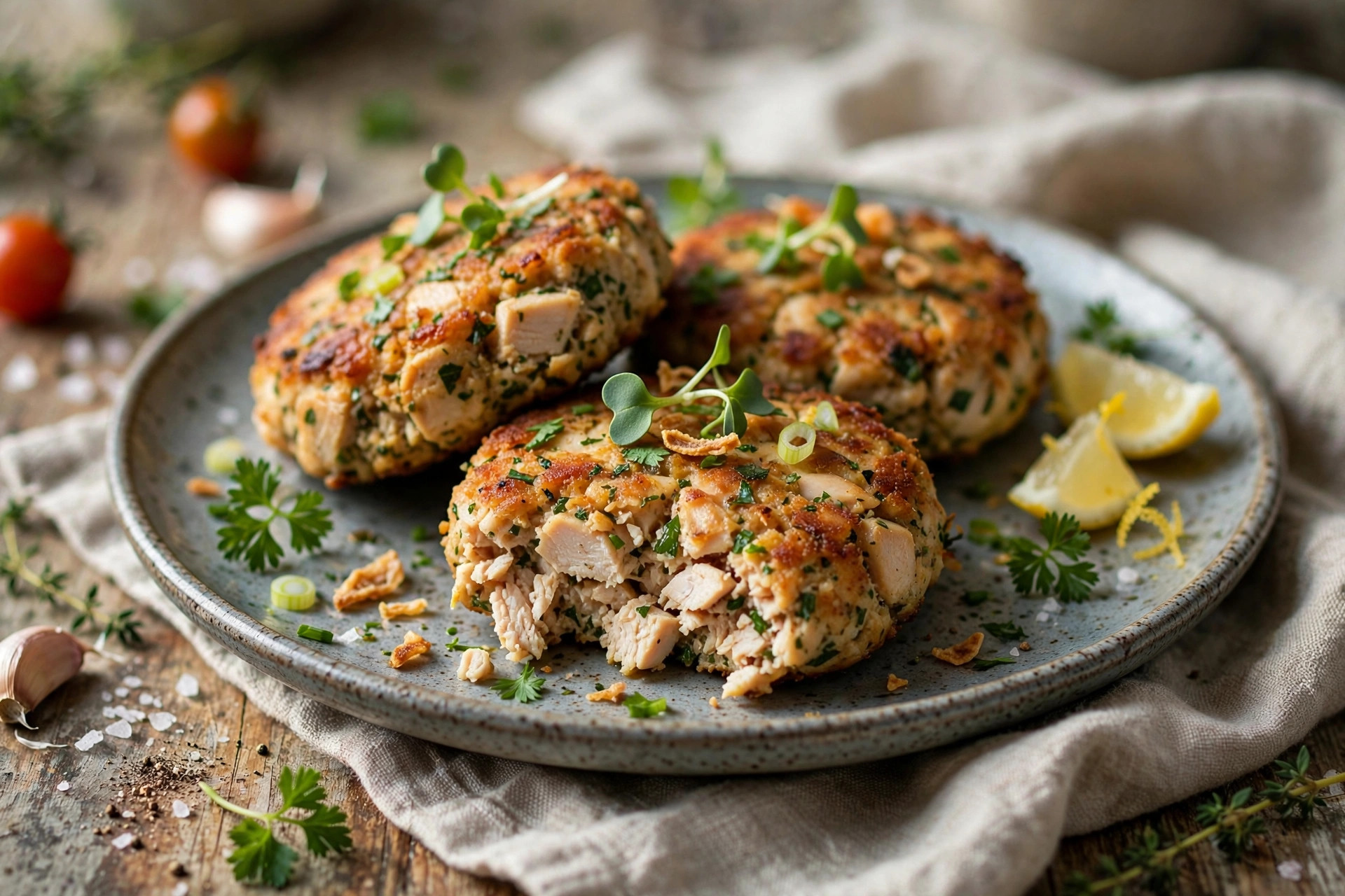 Golden chopped chicken patties fresh from the skillet