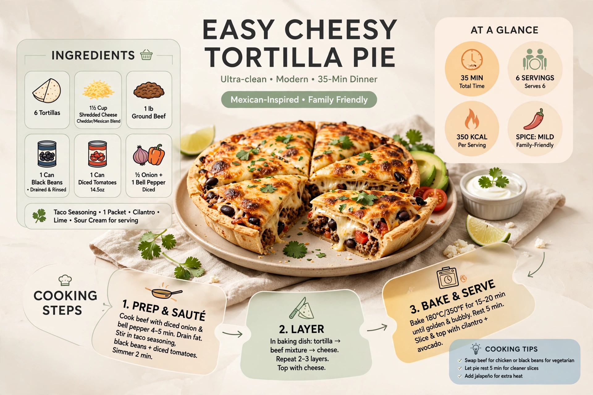 Recipe infographic: Easy Cheesy Tortilla Pie — ingredients and step-by-step visual guide